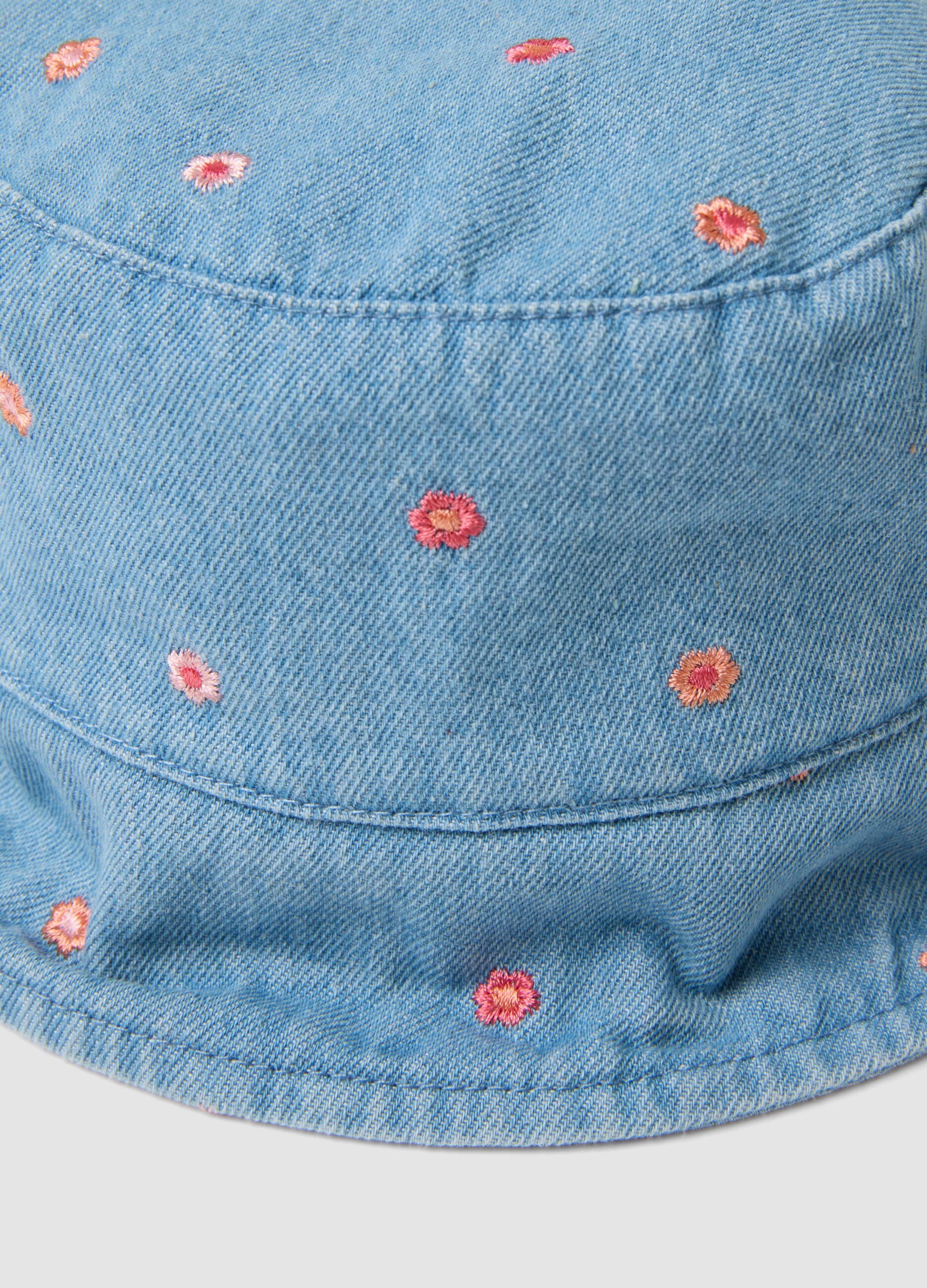 Blue denim pure cotton hat for girls with floral embroidery