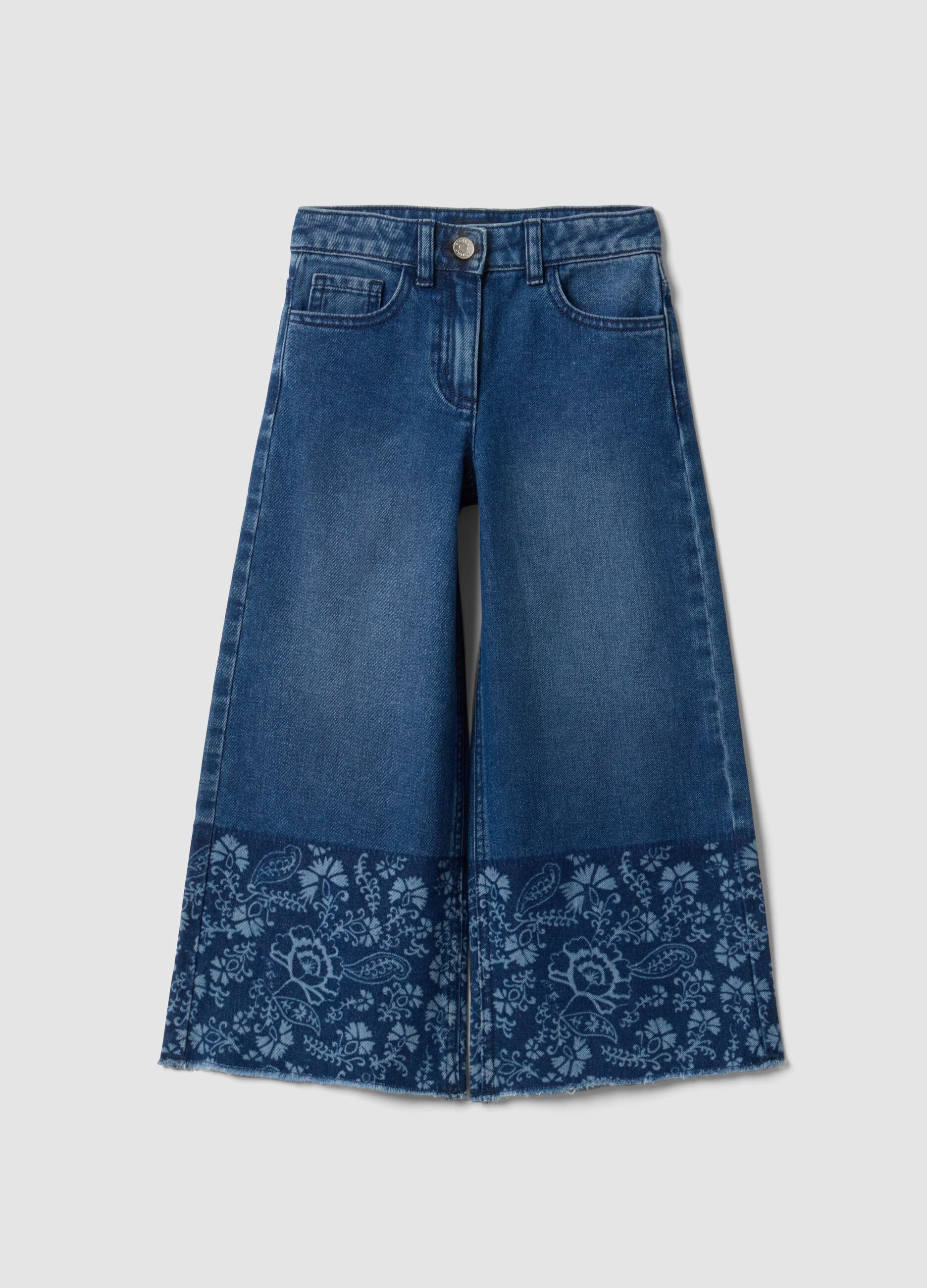 Blue wide-leg pure cotton jeans with floral print for girls