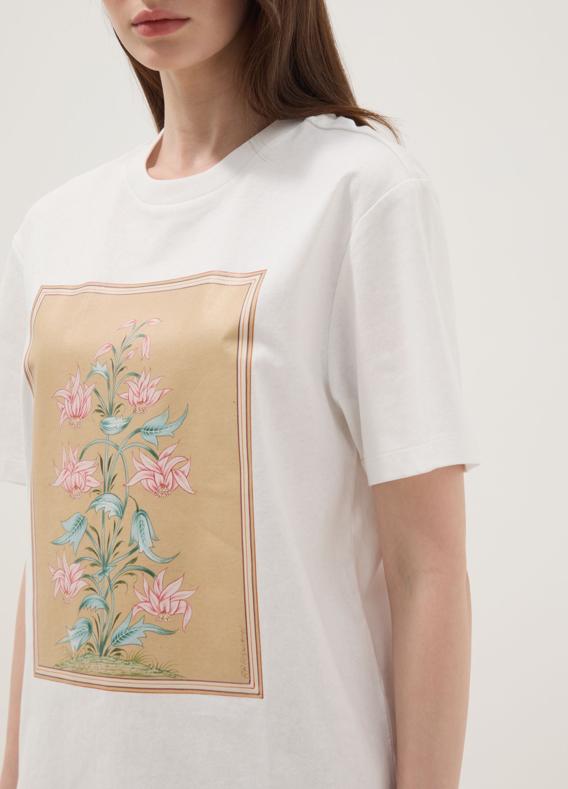 White pure cotton T-shirt with floral print