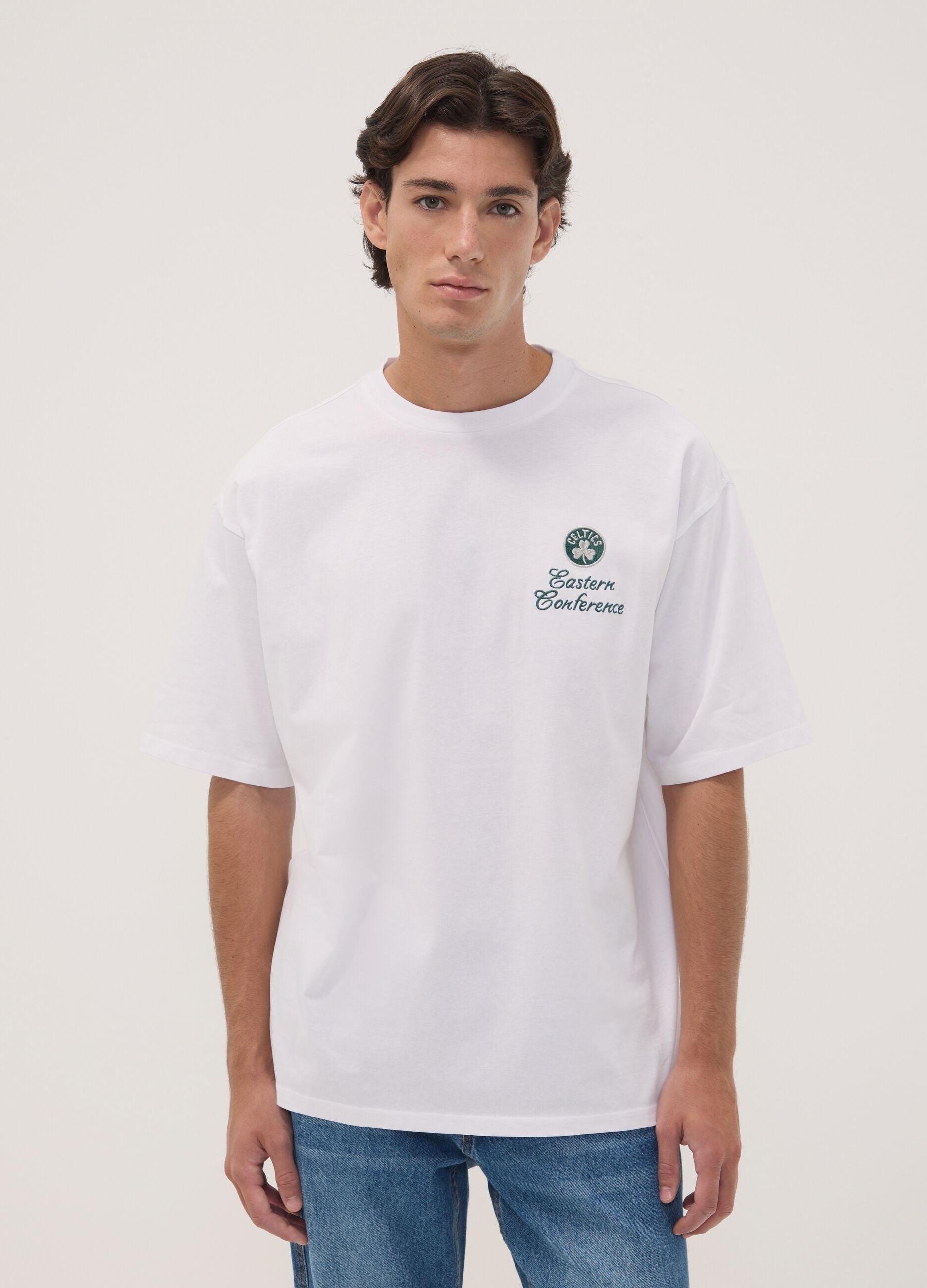 White pure cotton T-shirt with Celtics print