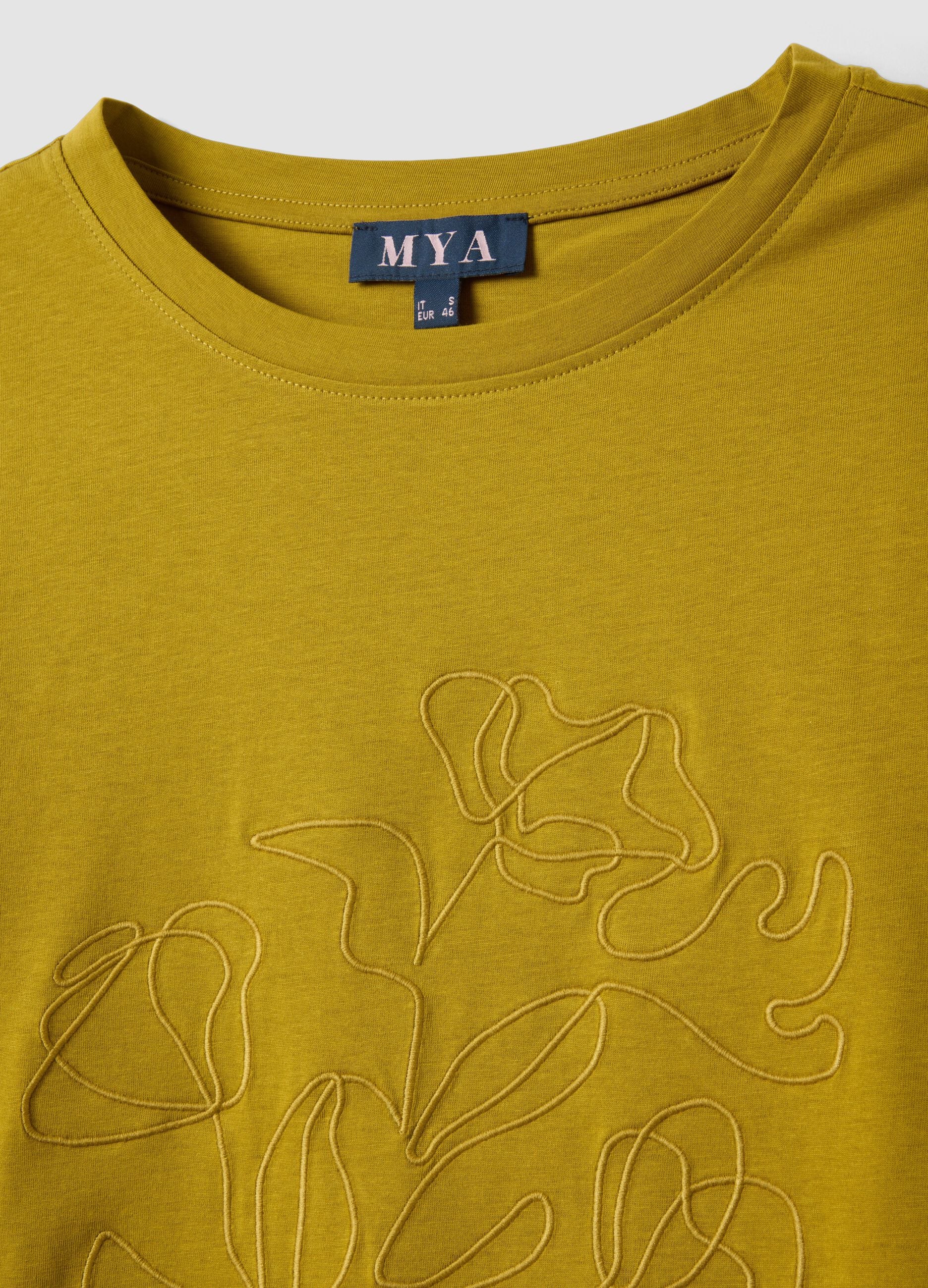 Yellow pure cotton regular fit T-shirt with floral embroidery