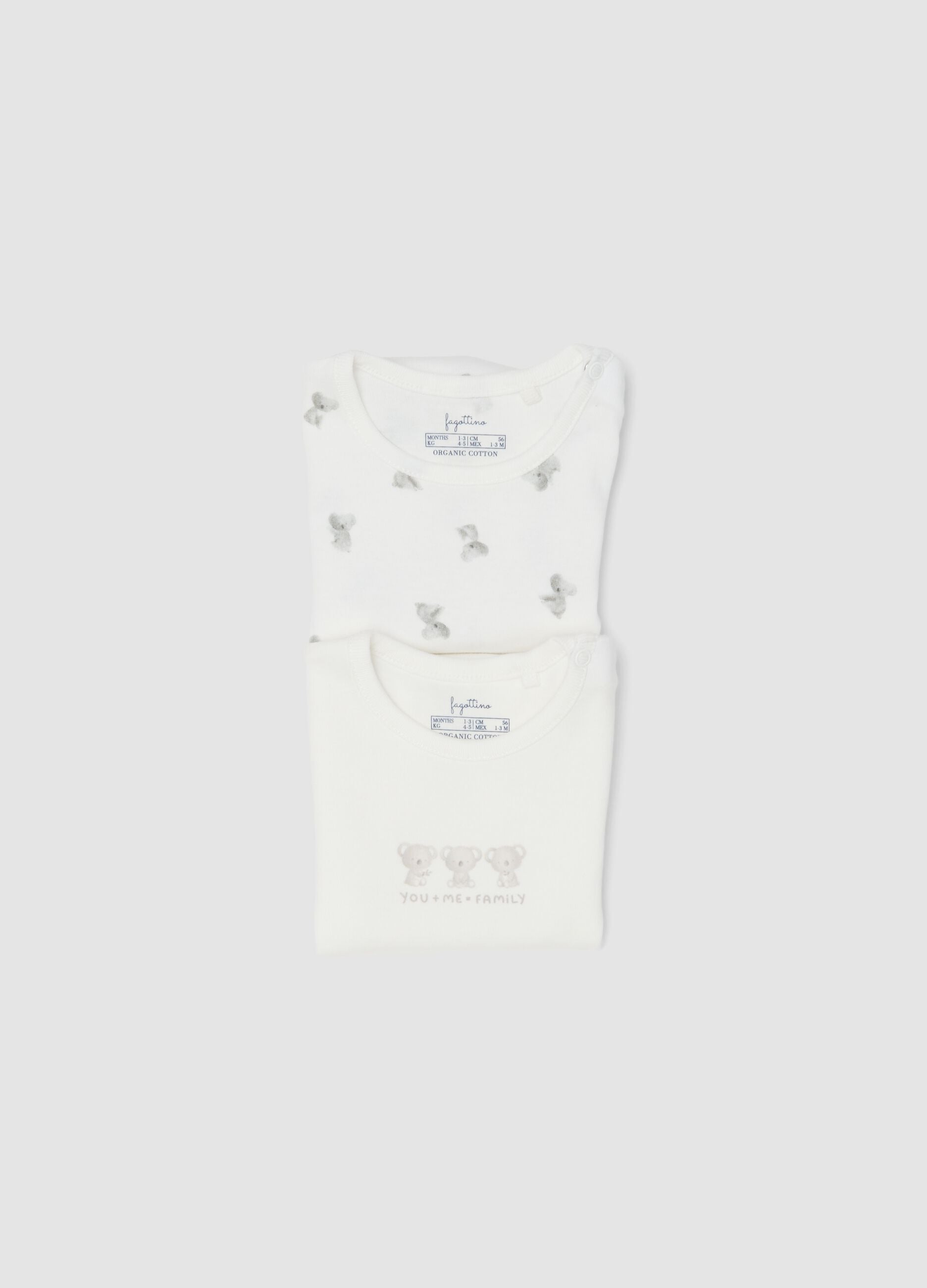 2-pack of white organic cotton bodysuits with koala print for baby and toddler