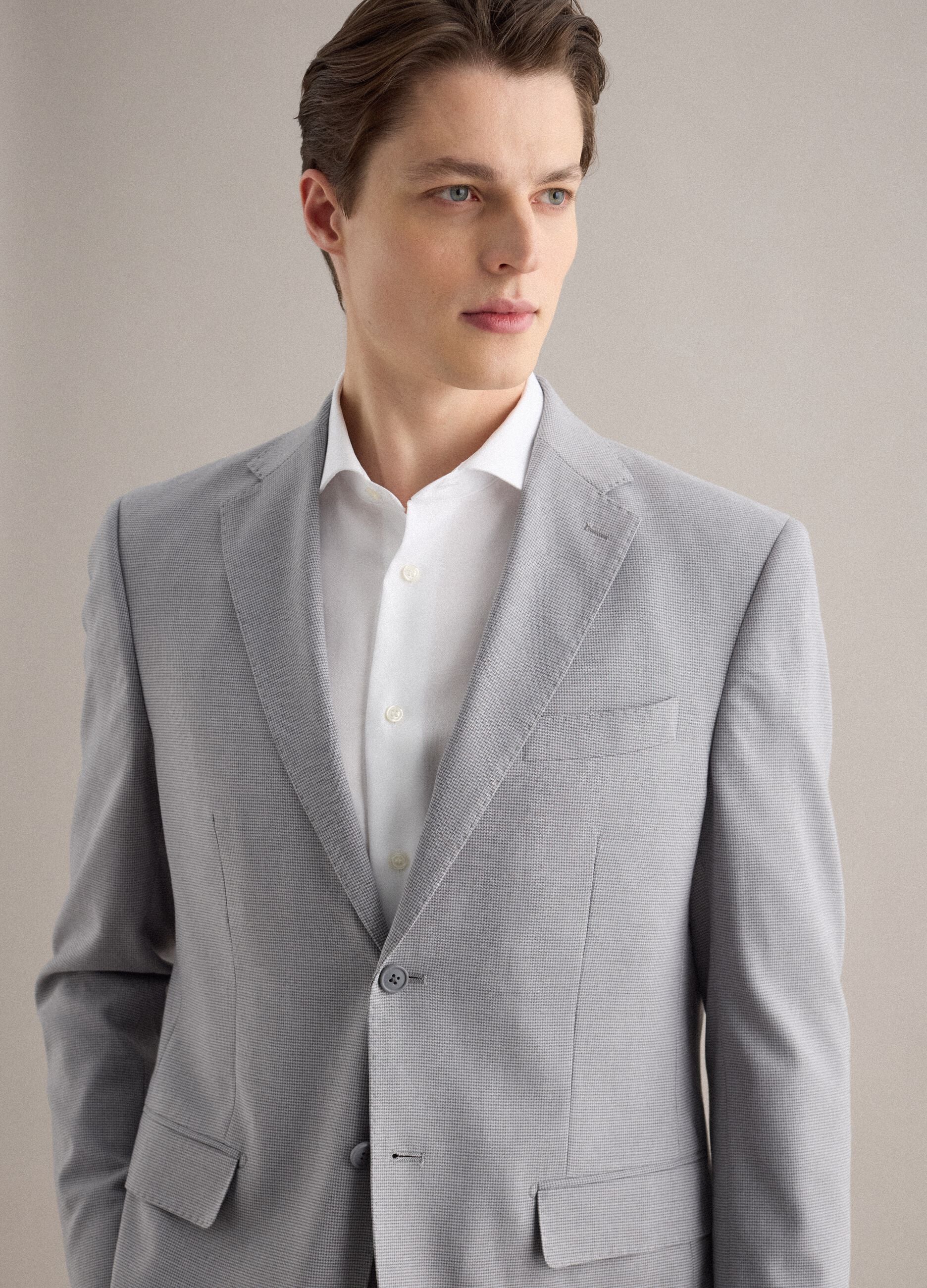 Grey single-breasted blazer with regular fit micro-checks