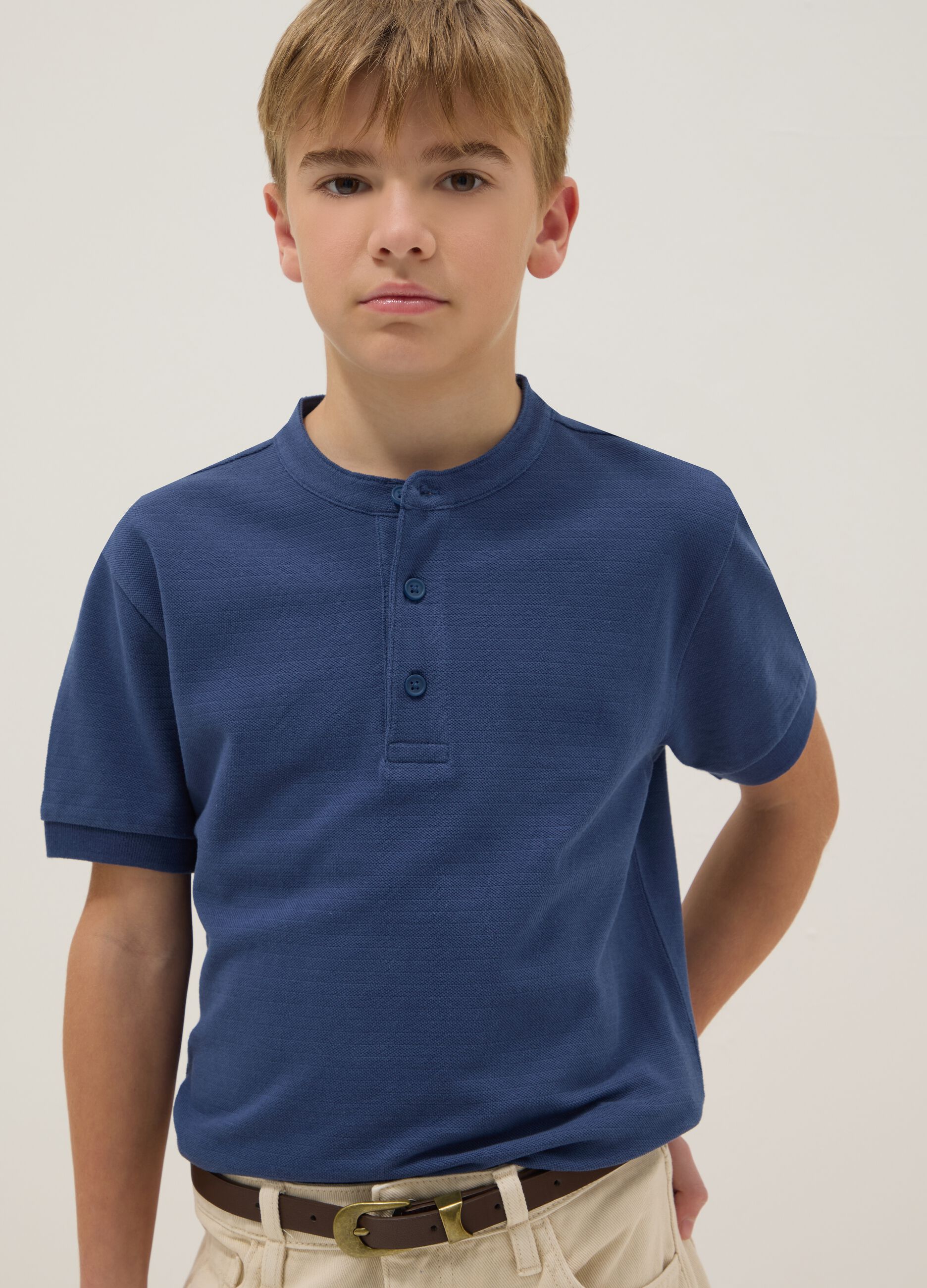 Boys' blue pure cotton regular-fit polo with Mandarin collar