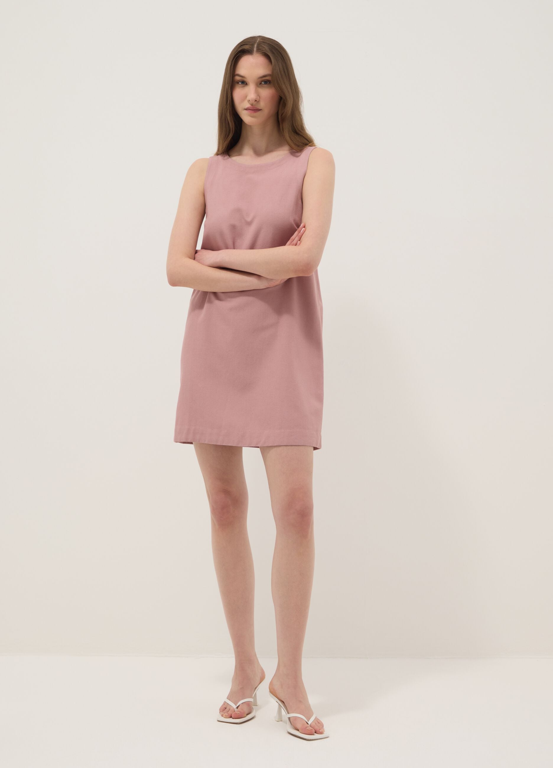 Pink regular-fit dress in a viscose, cotton and linen blend