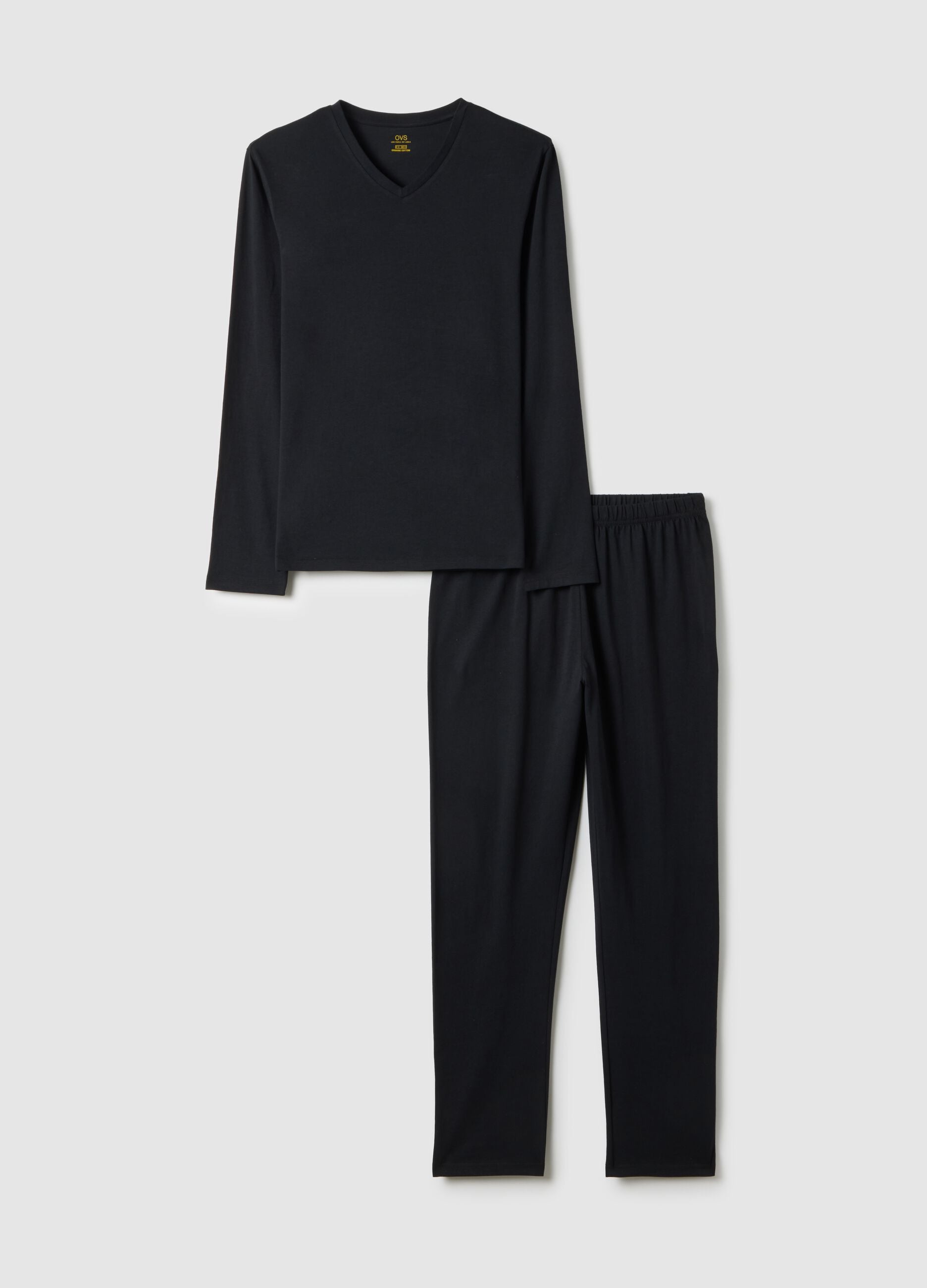 Black long sleeve pyjamas with a V-neck in pure cotton, regular fit