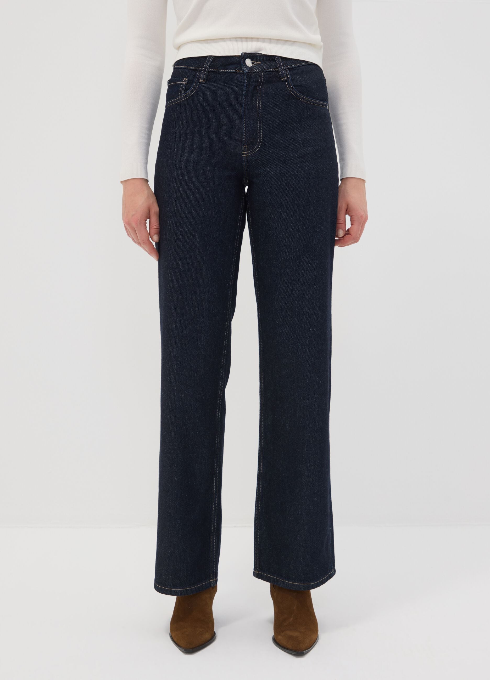 High-waisted wide-leg blue denim jeans in pure cotton