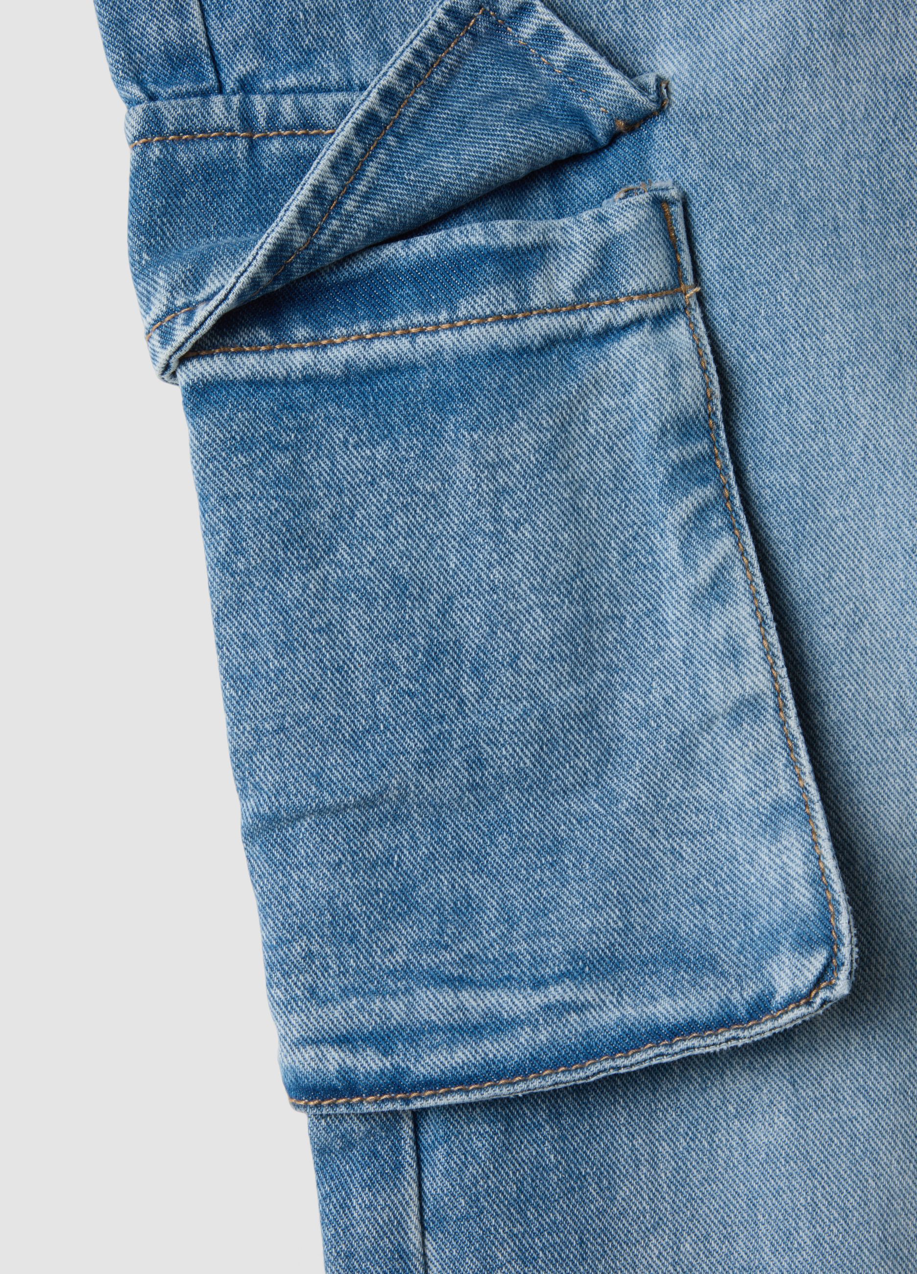 Light blue pure cotton denim cargo jeans, relaxed fit for girls