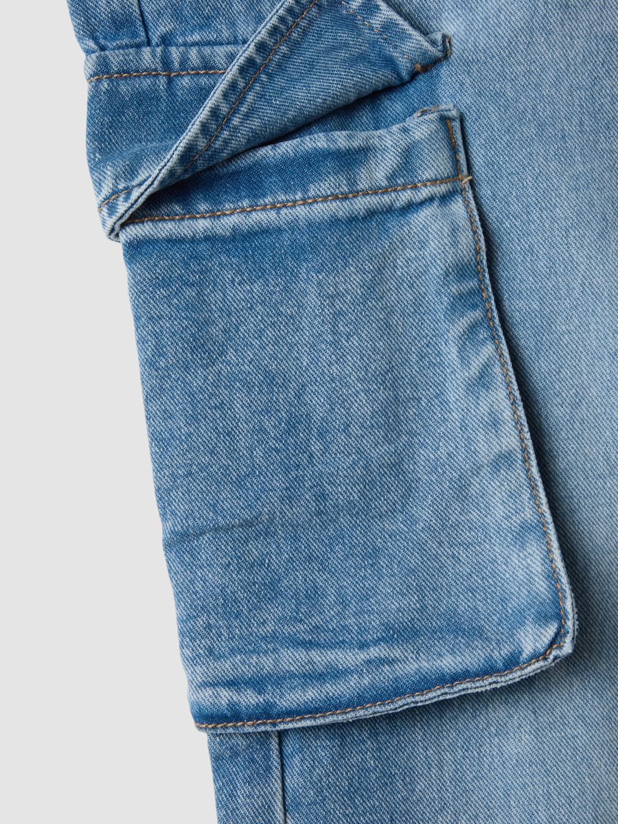 Light blue pure cotton denim cargo jeans, relaxed fit for girls_1