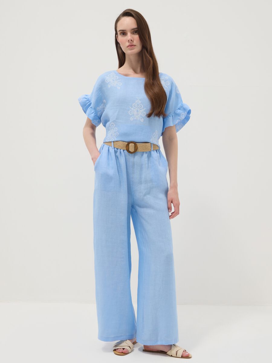 Light blue pure linen blouse with embroidery and ruffled sleeves, regular fit_2