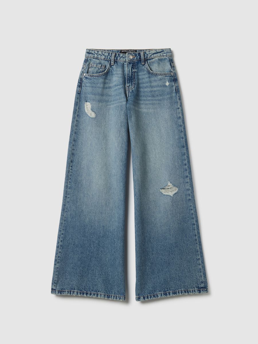 Wide leg blue cotton jeans with rips_4