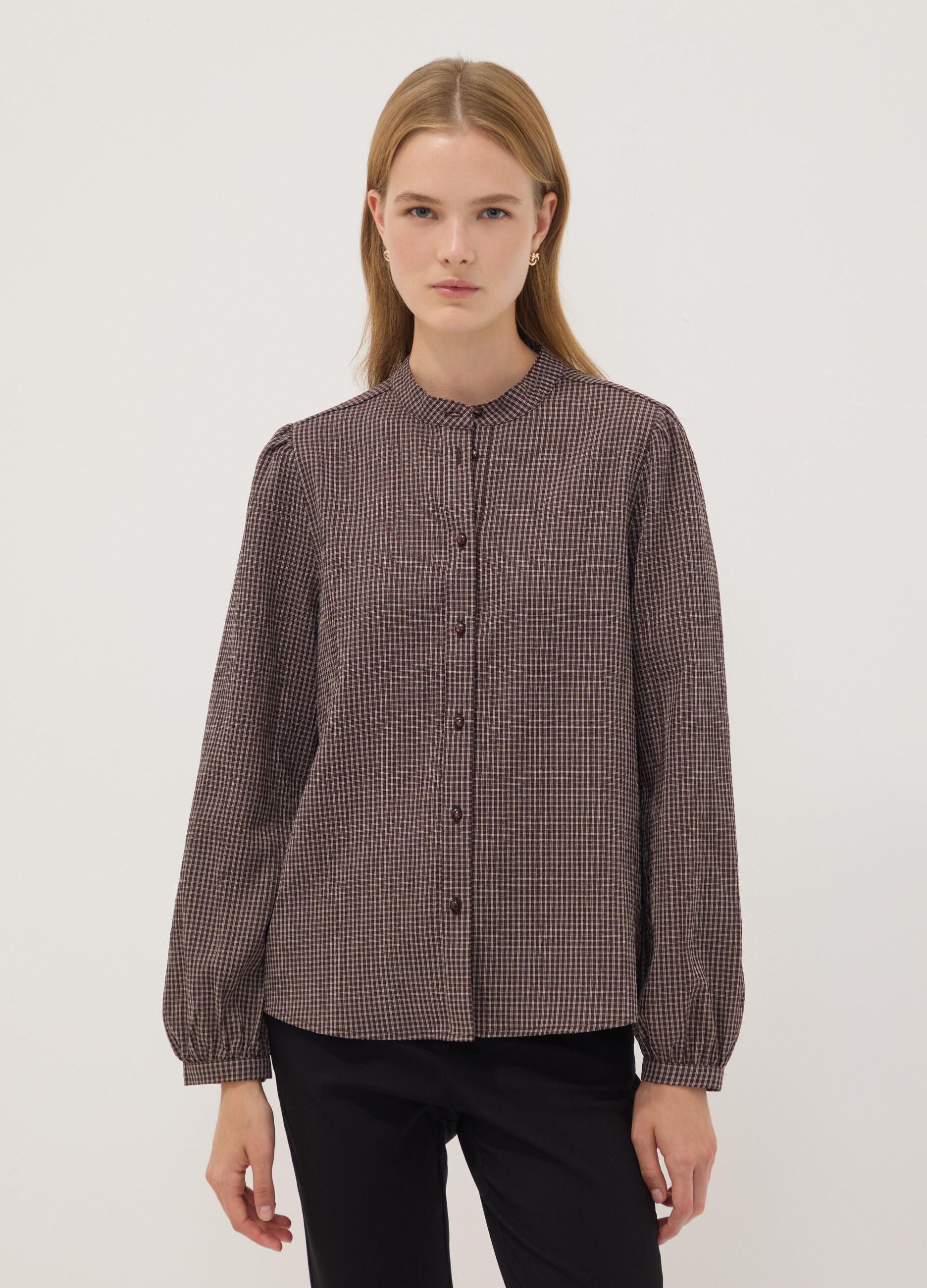 Brown stretch viscose shirt with Mandarin collar