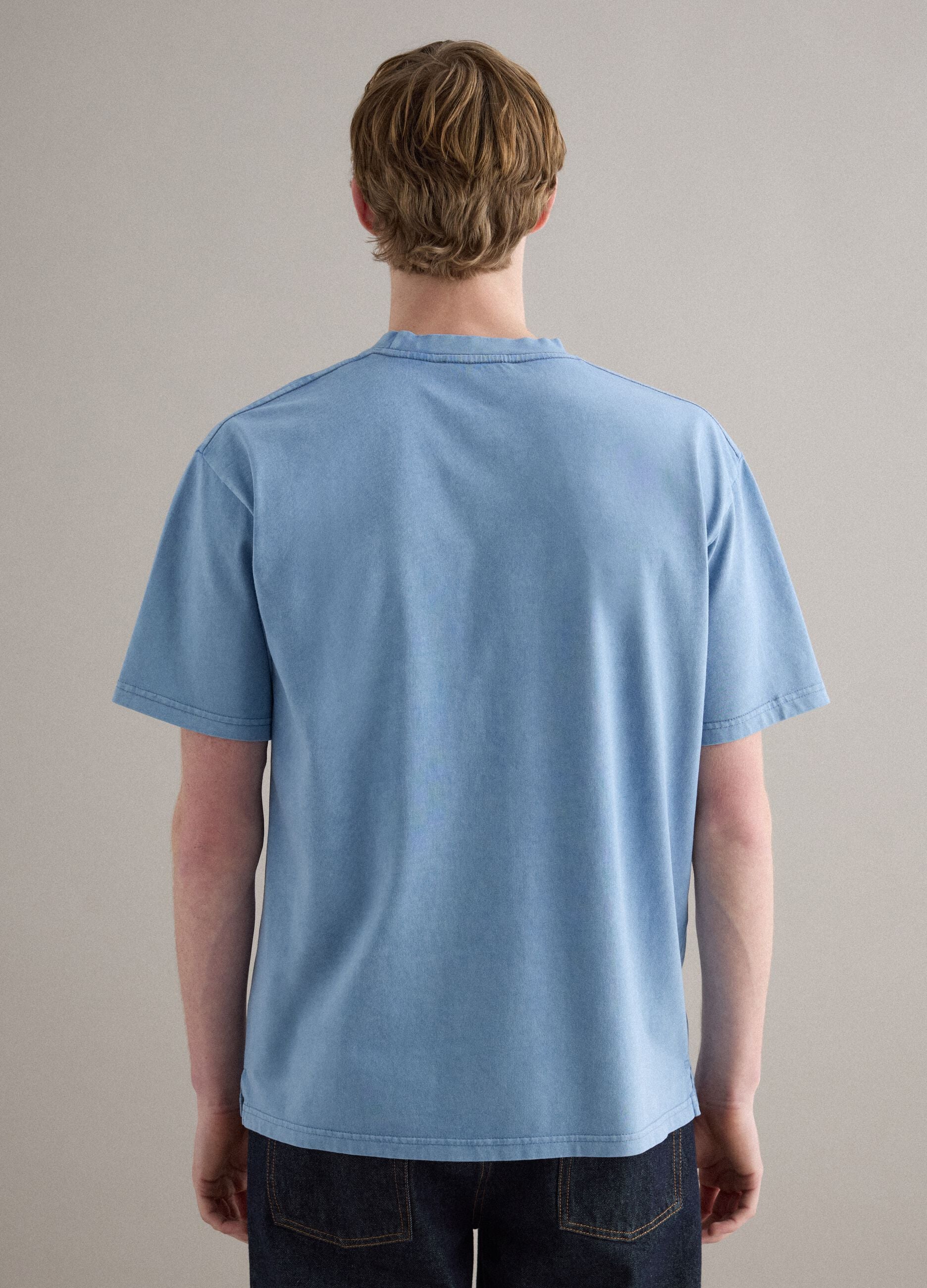 Sky blue pure cotton crew neck T-shirt with relaxed fit