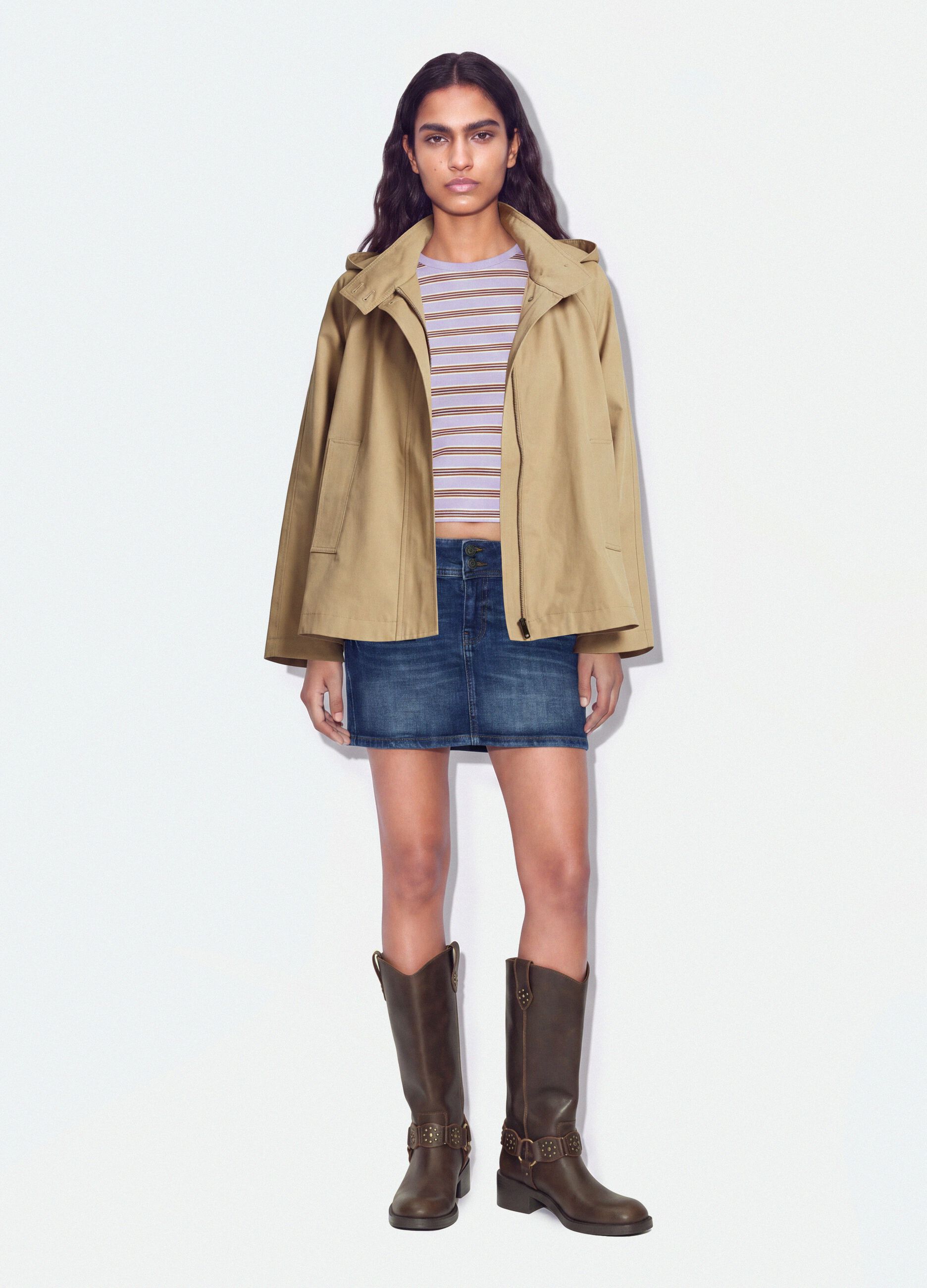 Beige cotton-blend parka with hood, regular fit