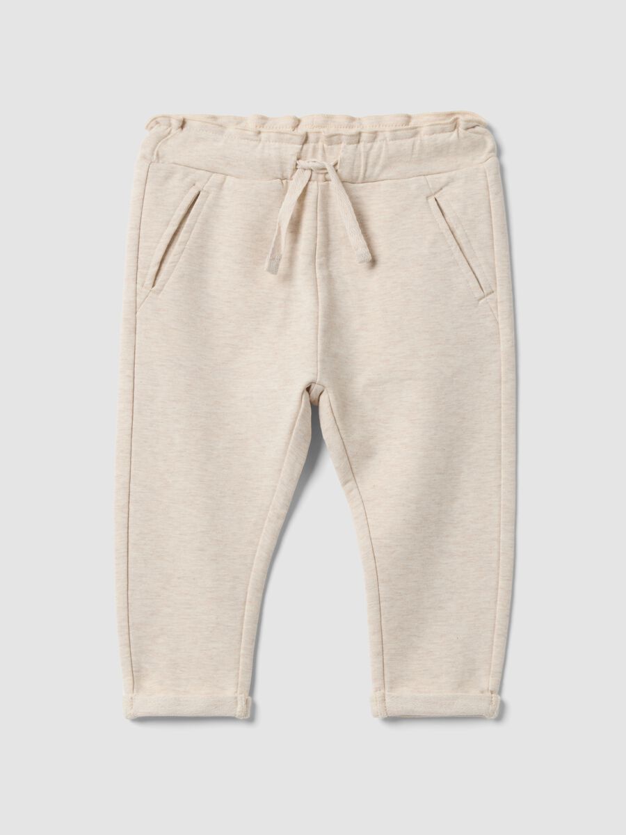 Beige stretch cotton joggers with turn-up cuff for baby girl_0