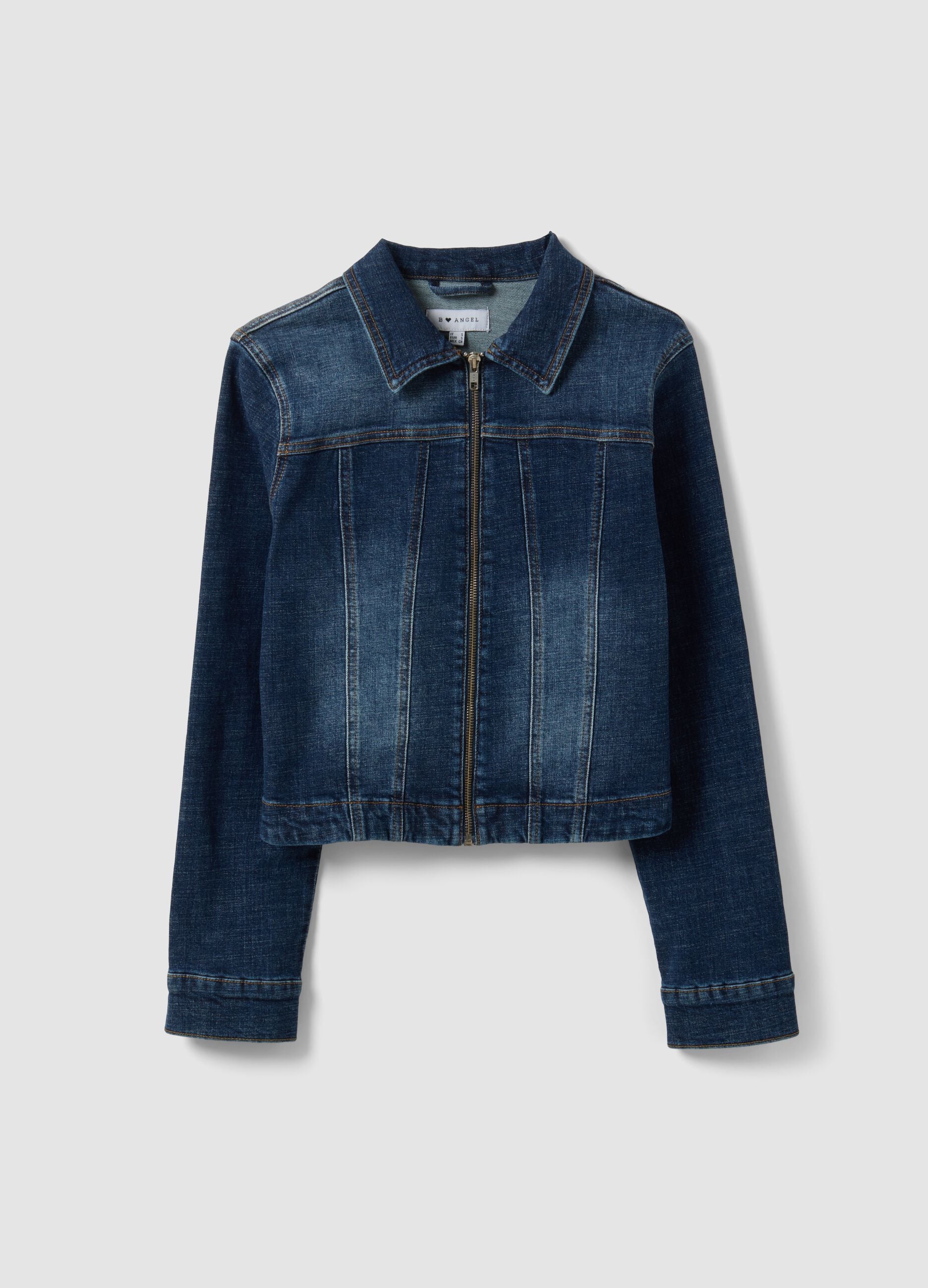 Blue slim-fit jacket in stretch cotton denim with zip