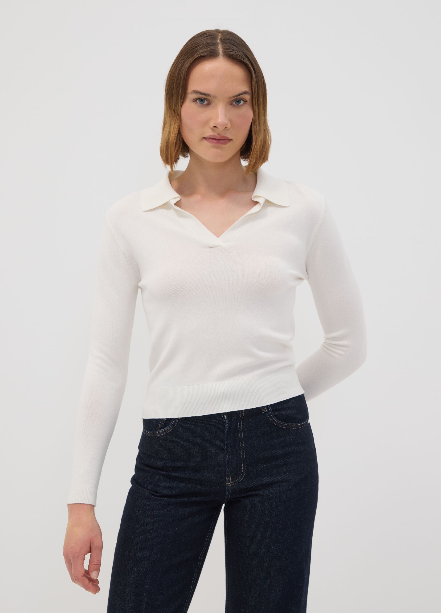 White viscose-blend polo-collar jumper, regular fit