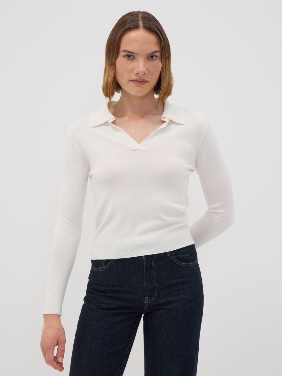 White viscose-blend polo-collar jumper, regular fit_1
