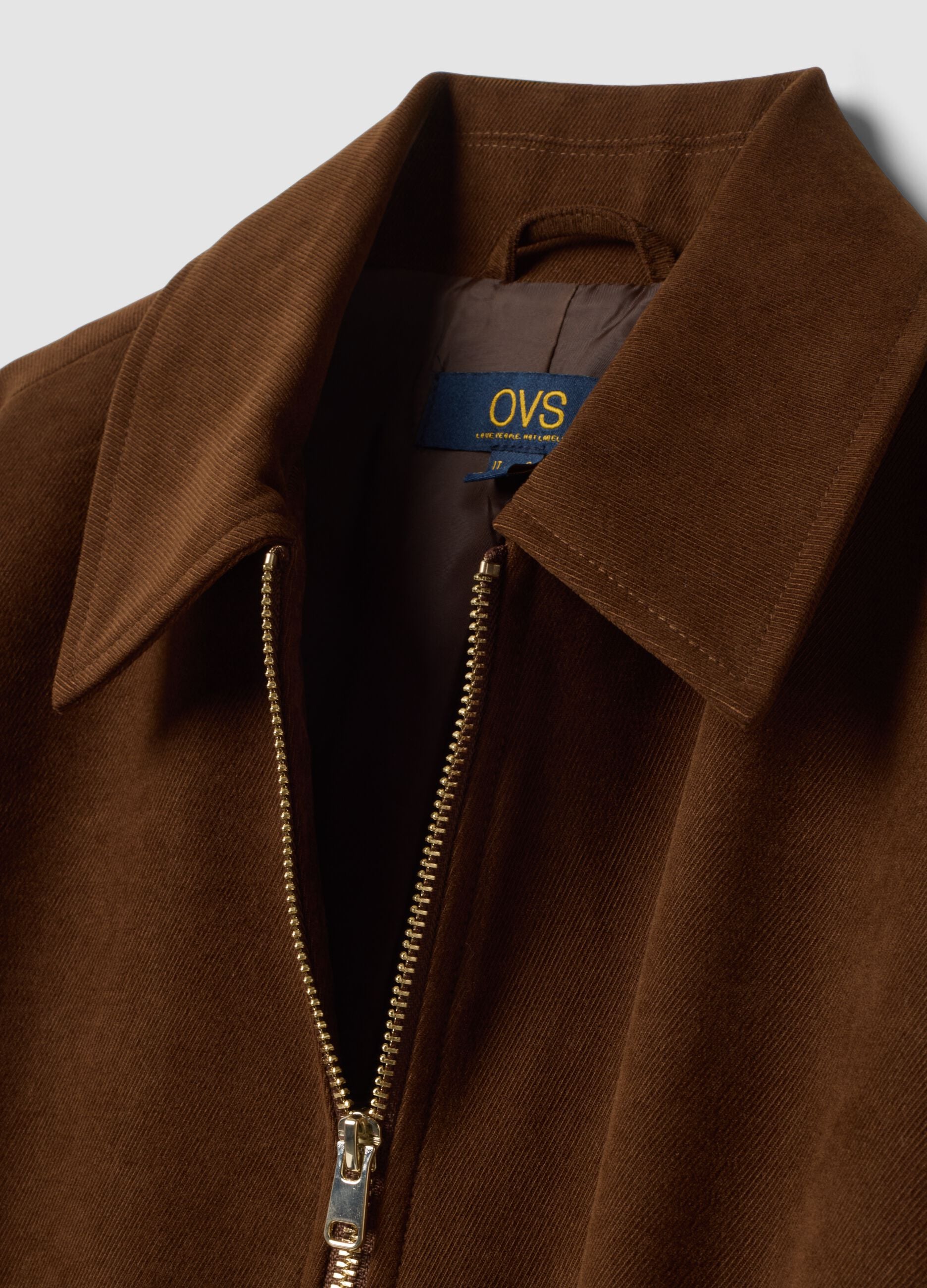Brown stretch-fabric blazer with zip, oversized fit