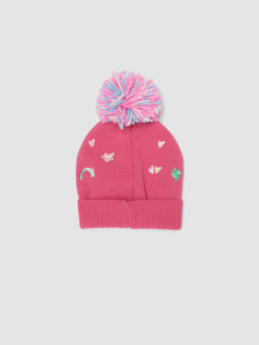 Pink knitted hat with pom-pom and embroidery_1