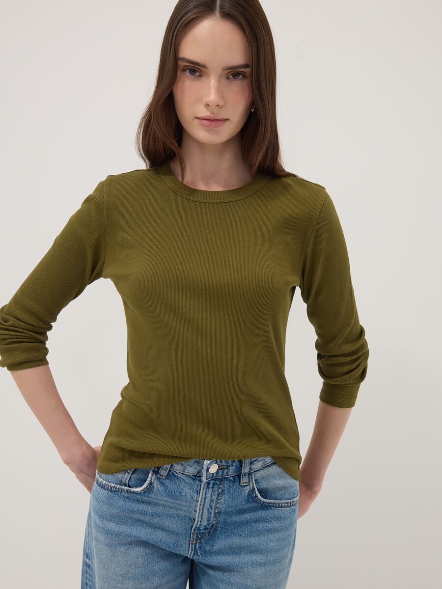 T-shirt verde a maniche lunghe in puro cotone_0
