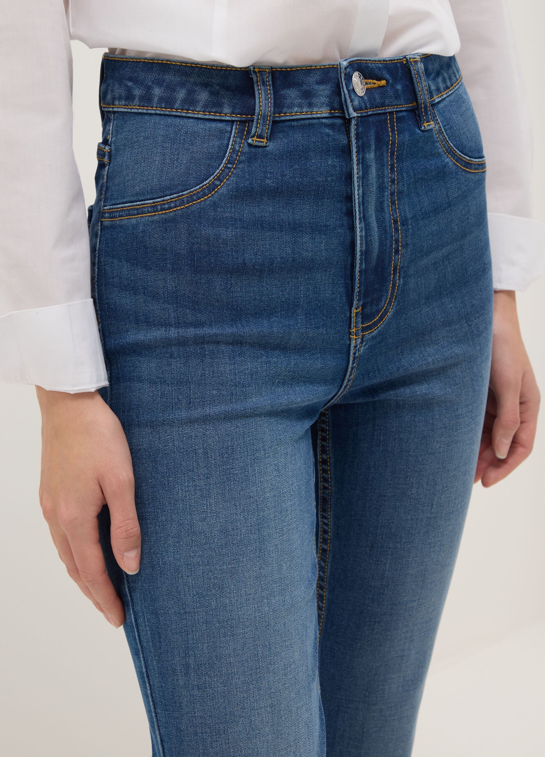Blue cotton blend flare fit jeans