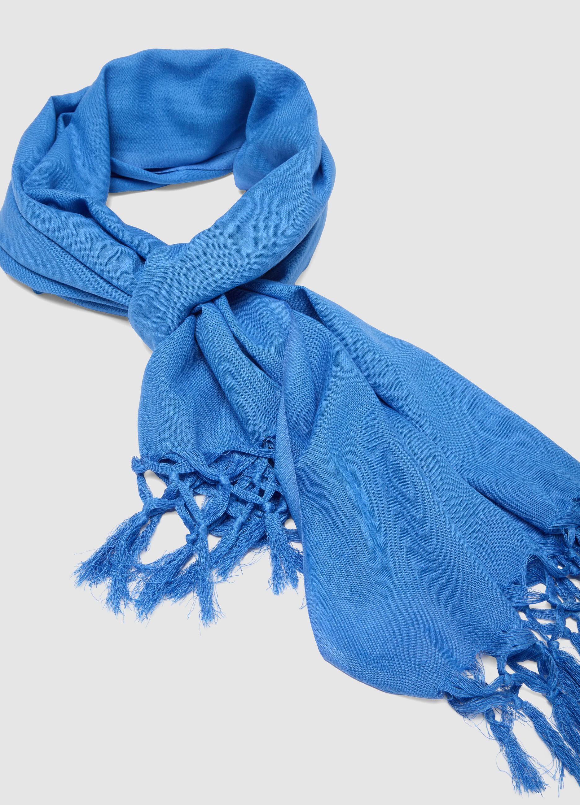 Blue Viscose and Linen Blend Scarf with Fringes