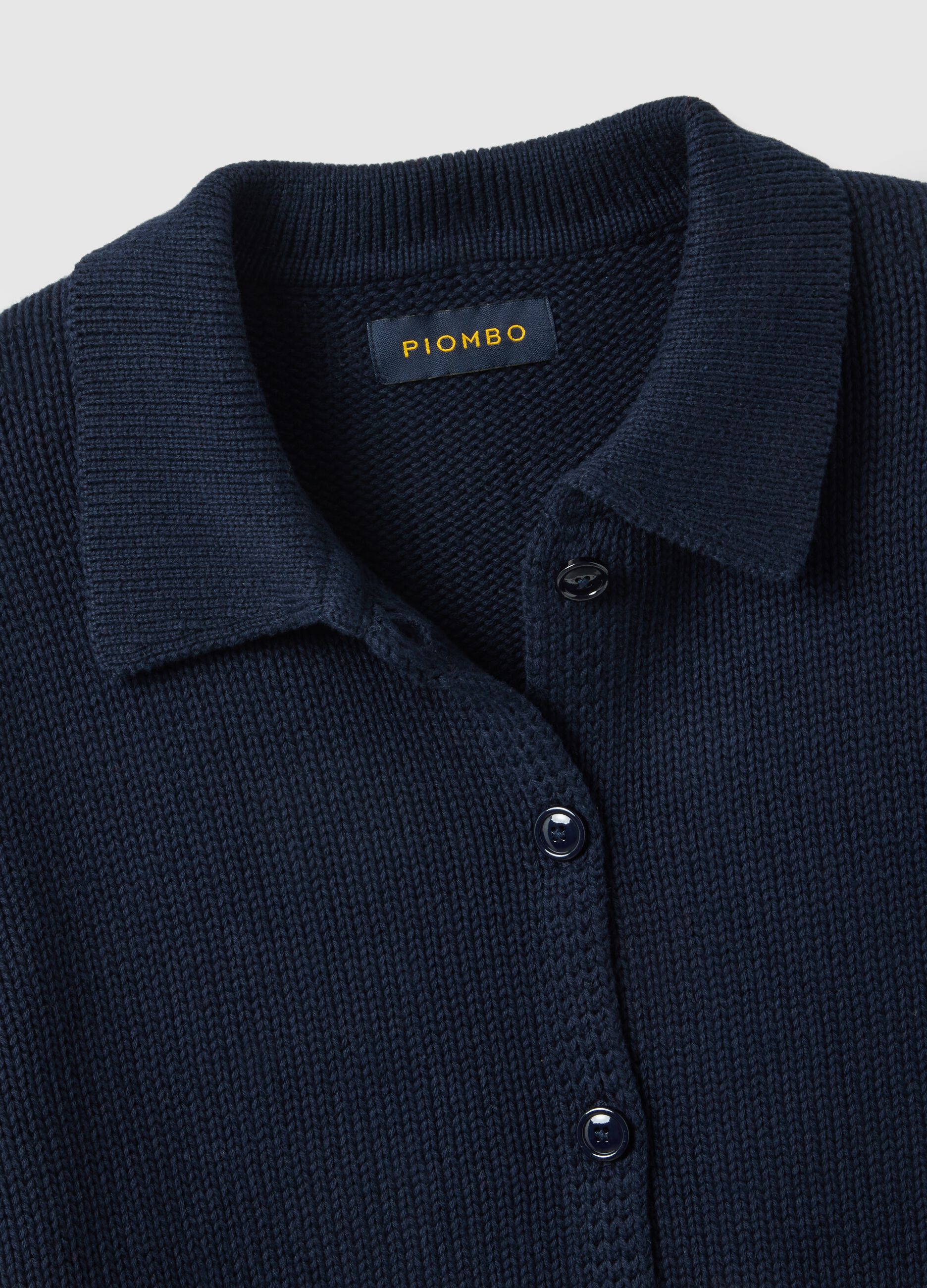 Blue cotton cardigan with polo collar, regular fit