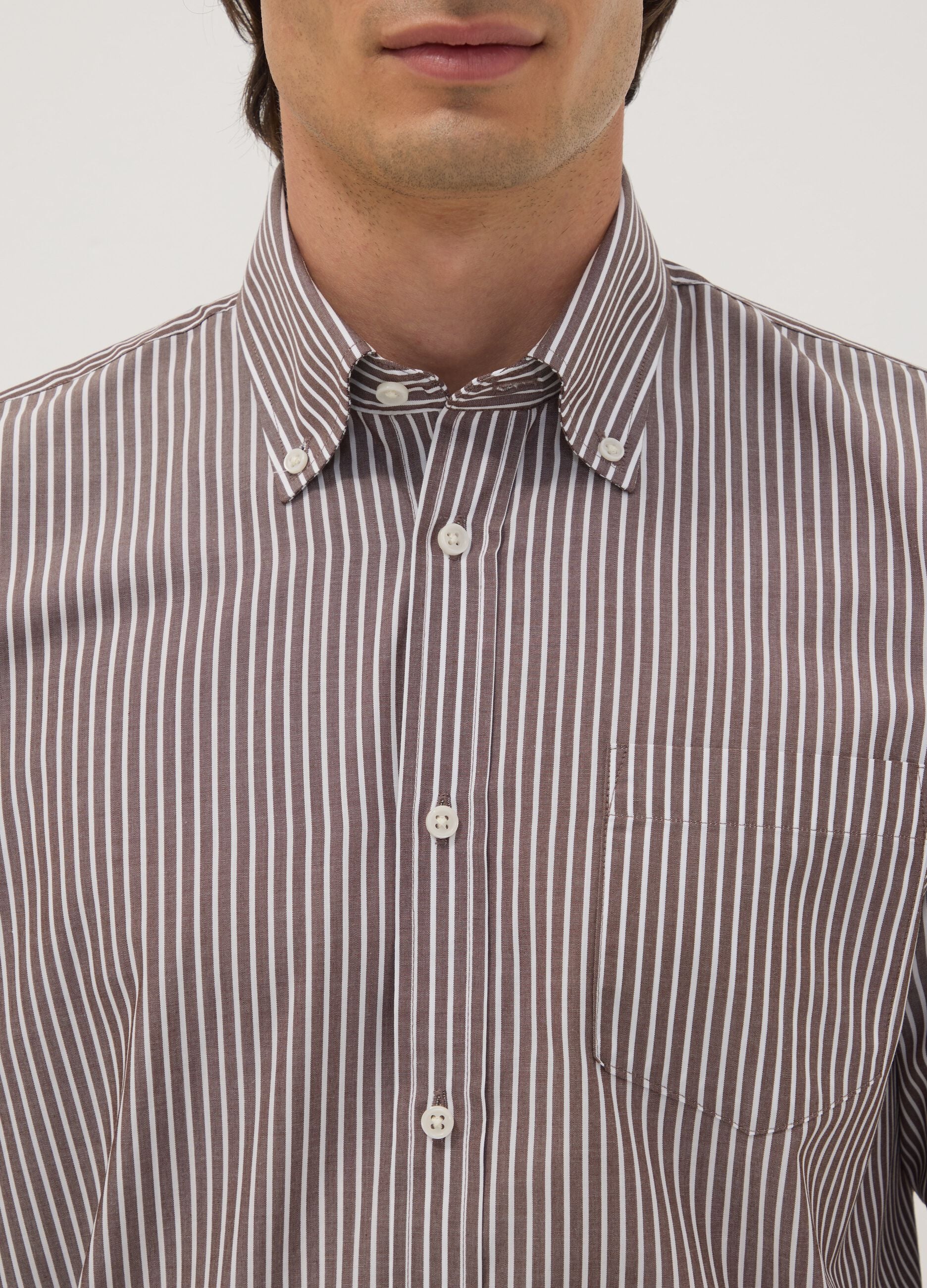 Brown striped cotton-blend button-down collar easy-iron regular-fit shirt