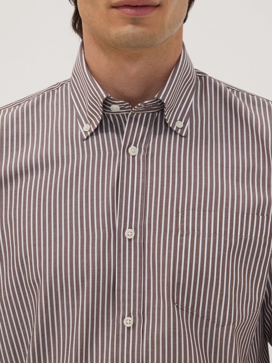 Brown striped cotton-blend button-down collar easy-iron regular-fit shirt_1