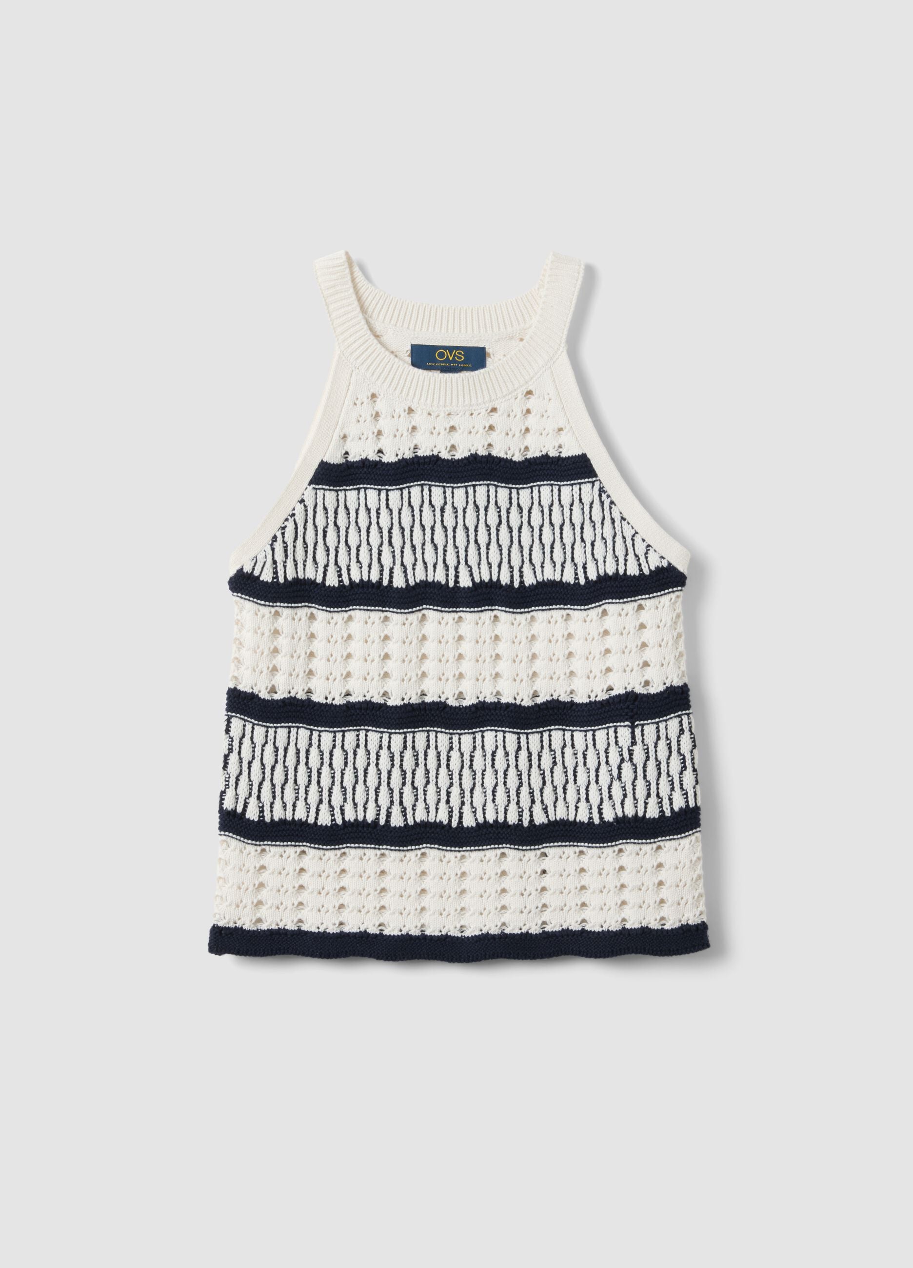 Fitted vest in pure cotton with multicolour stripes and mesh texture