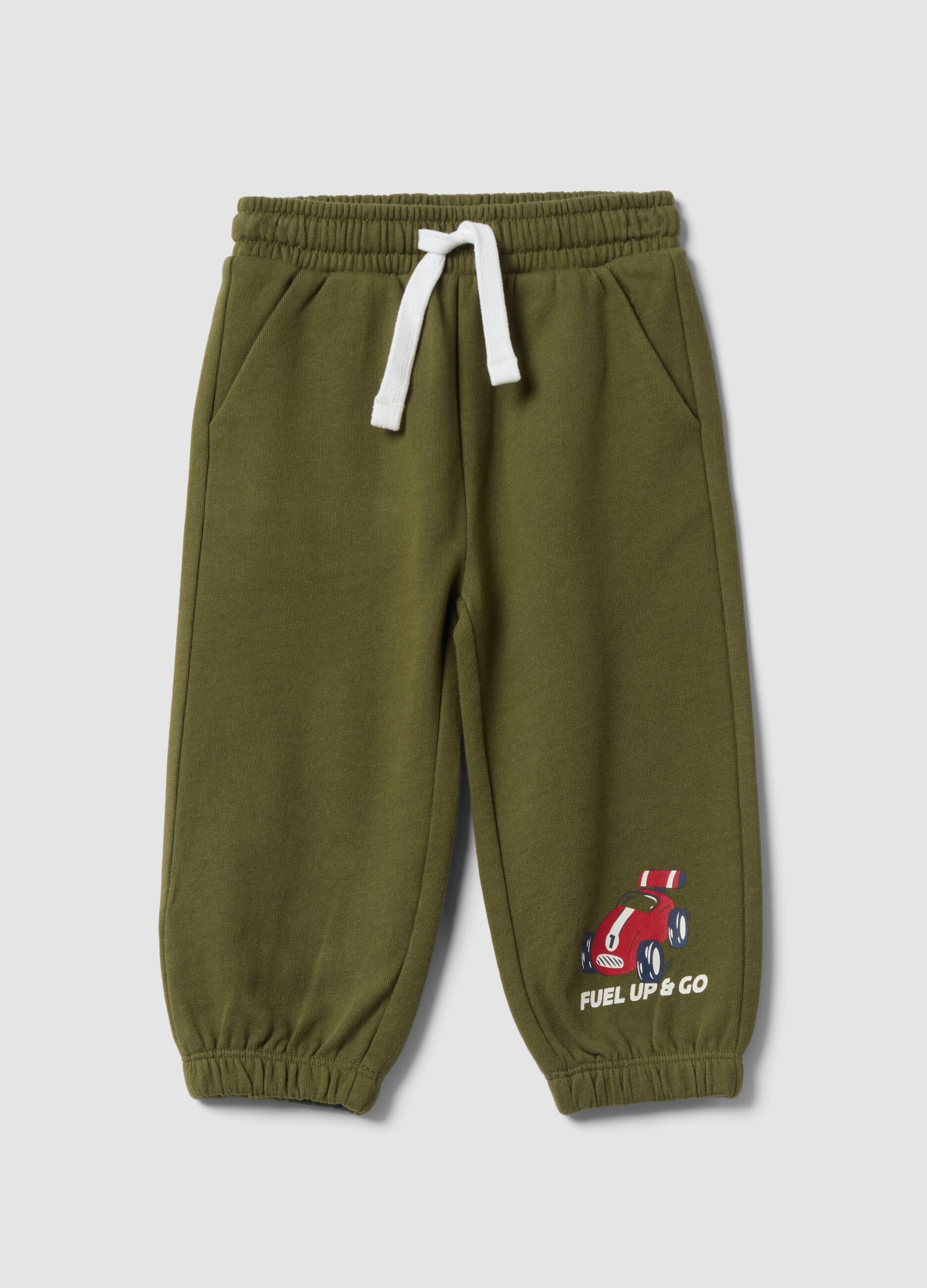 Green pure cotton jogger trousers with car print for boys