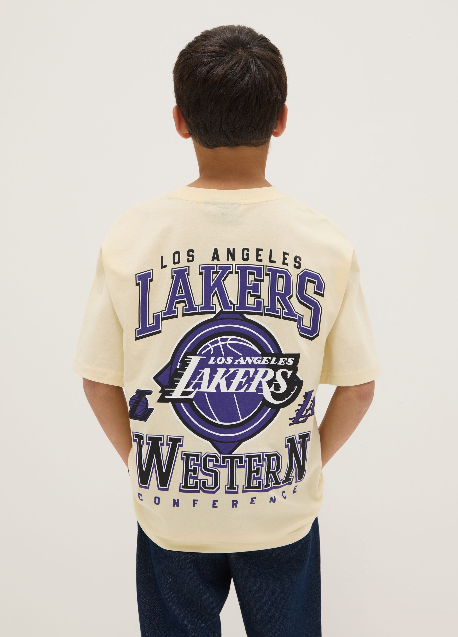 Kids' beige pure cotton T-shirt regular fit with Lakers logo