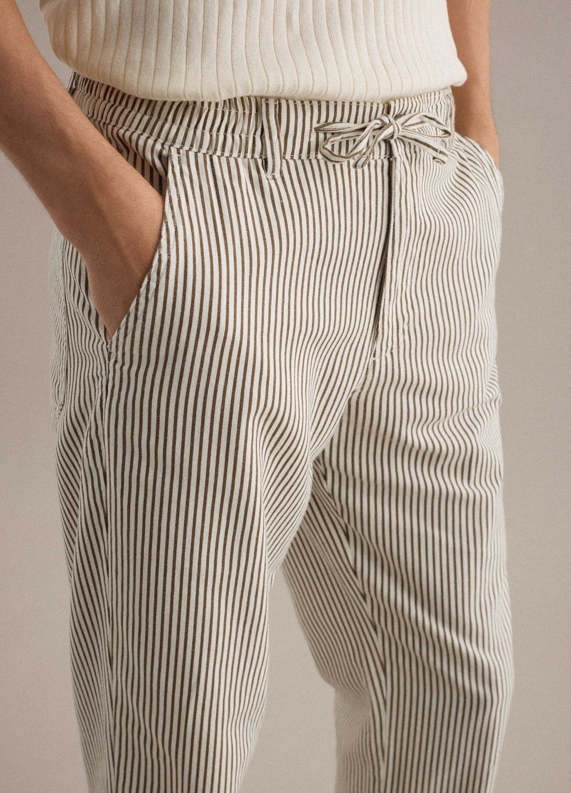 Multicolor striped linen-cotton blend chino trousers, straight fit