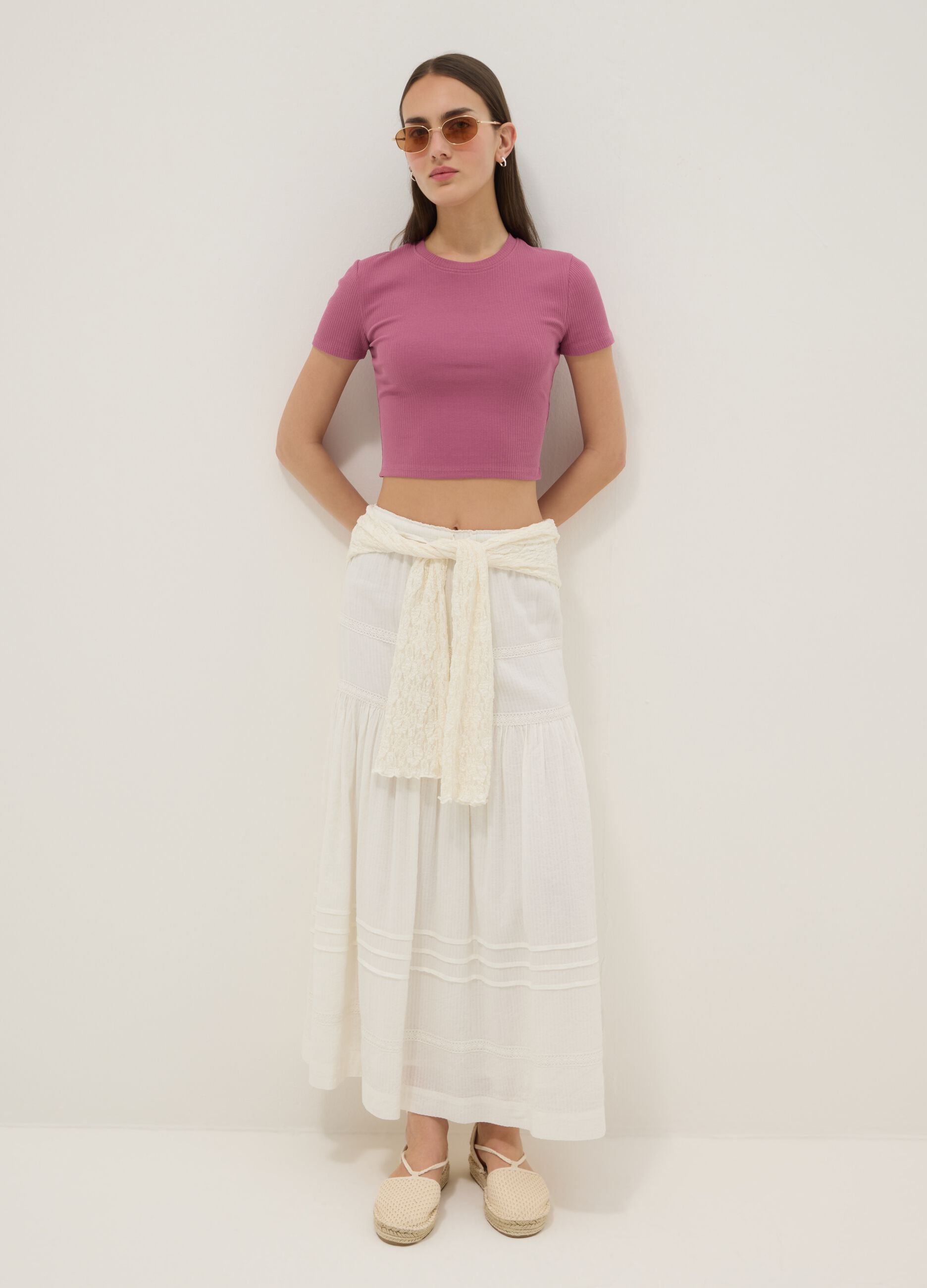 Pink ribbed fitted stretch cotton T-shirt