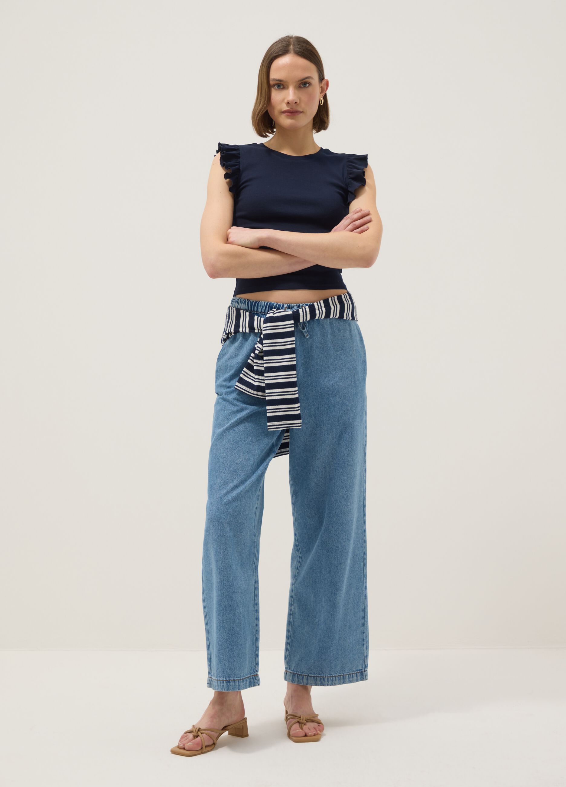 Slim fit blue pure cotton T-shirt with ruffles