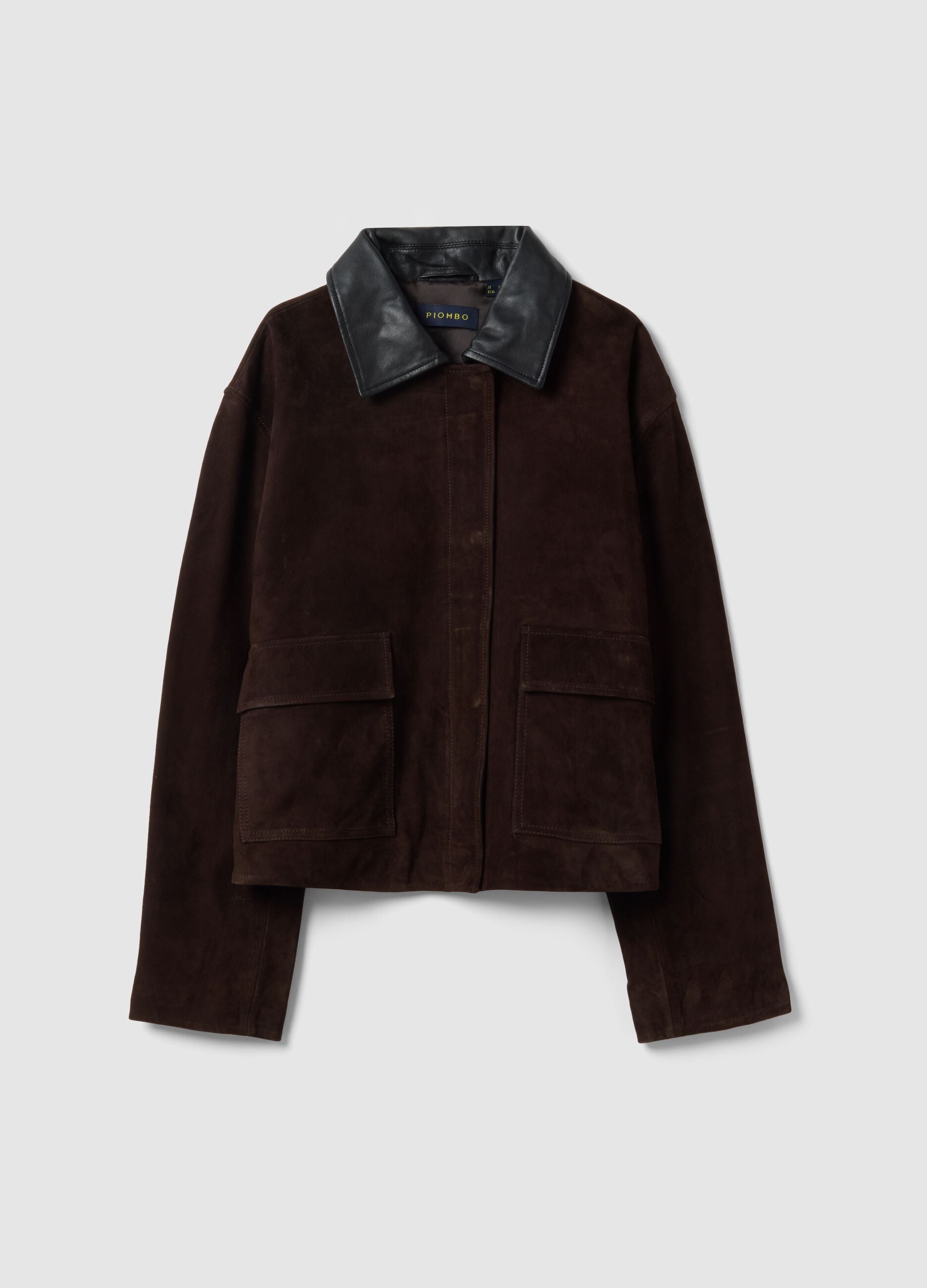 Brown regular fit genuine leather jacket with contrasting collar
