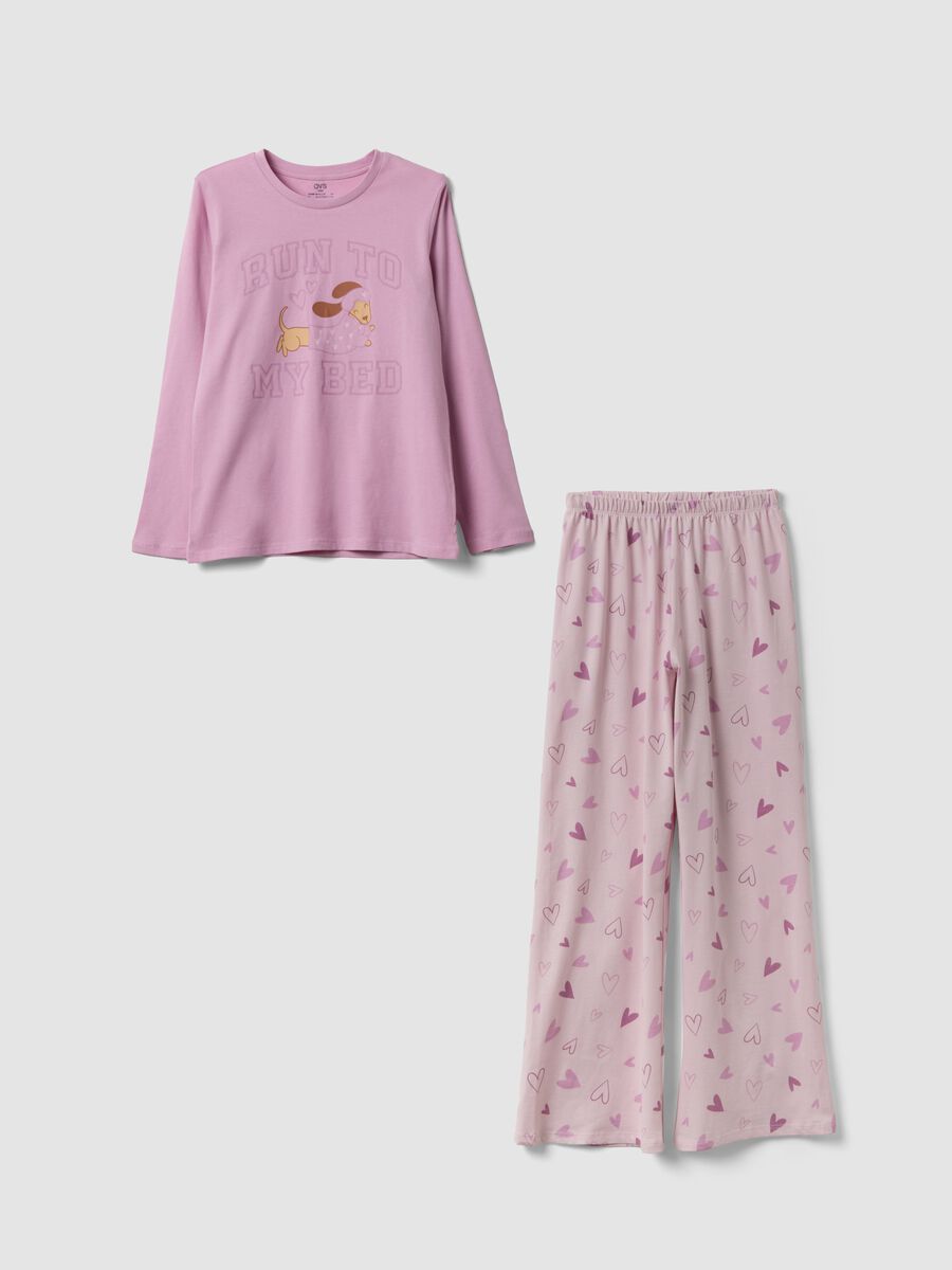 Pink long organic cotton jersey pyjamas with prints for girls_0
