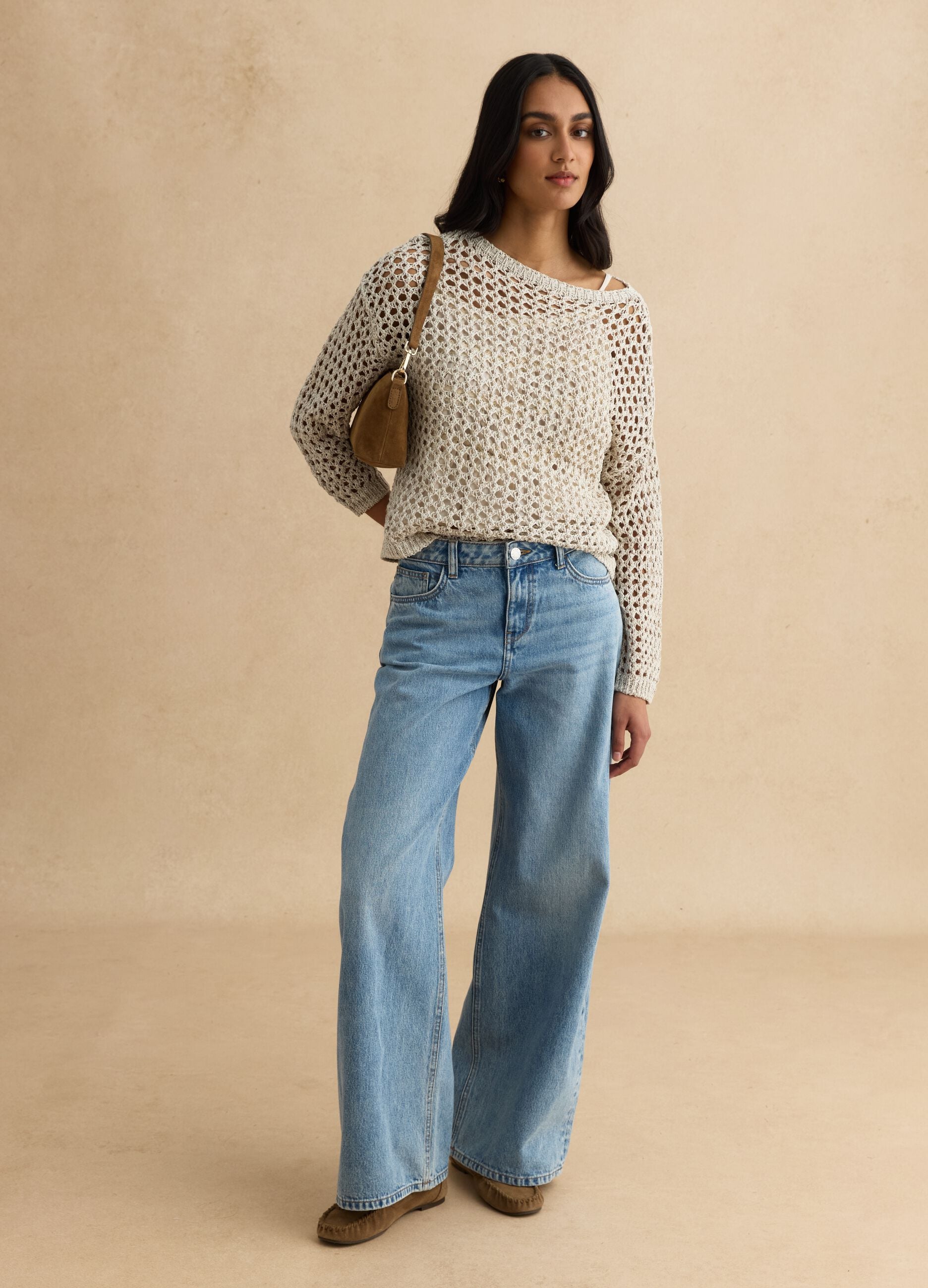 Beige cotton-blend knitted sweater