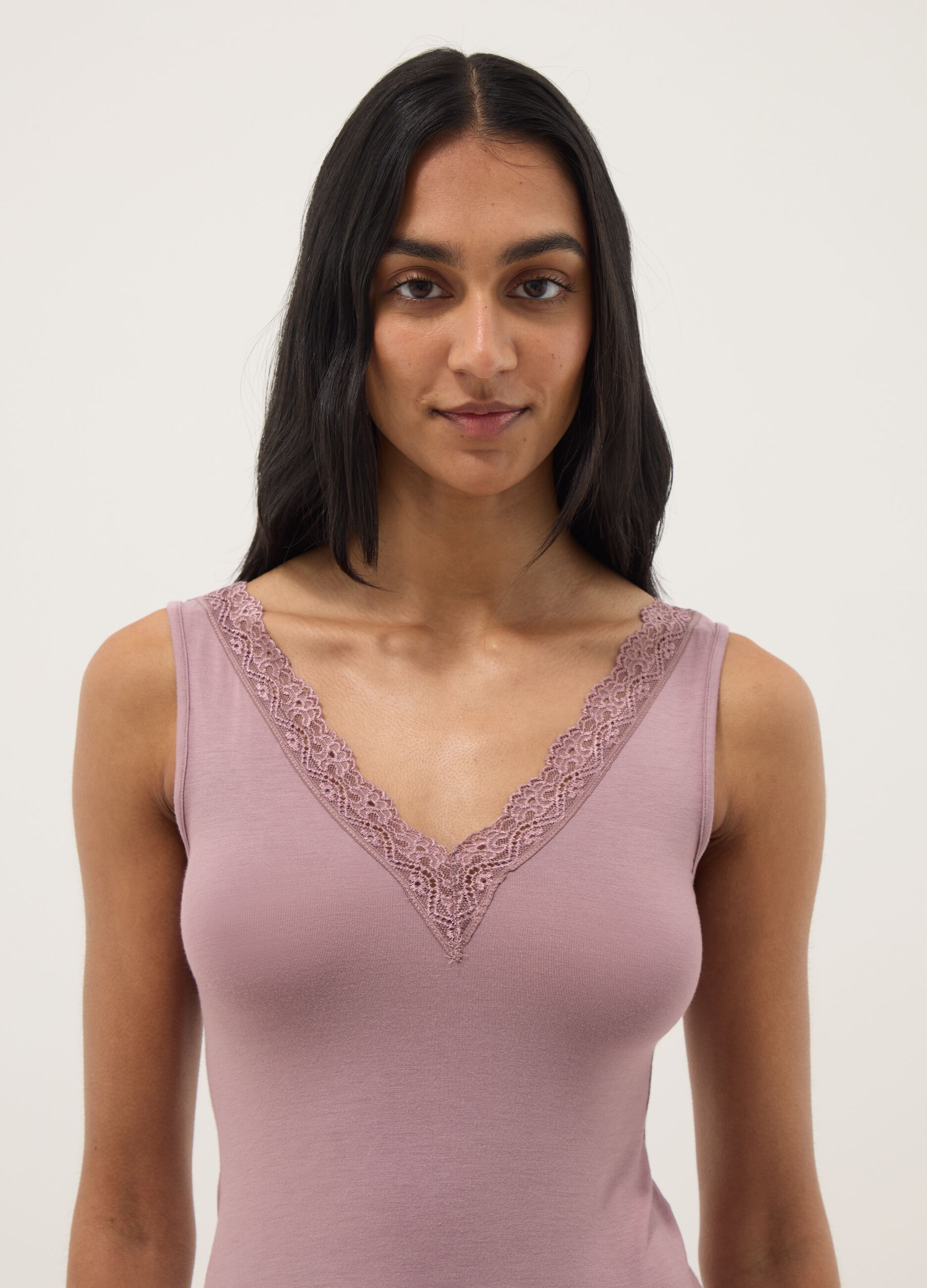 Pink stretch viscose regular fit deep V vest with lace