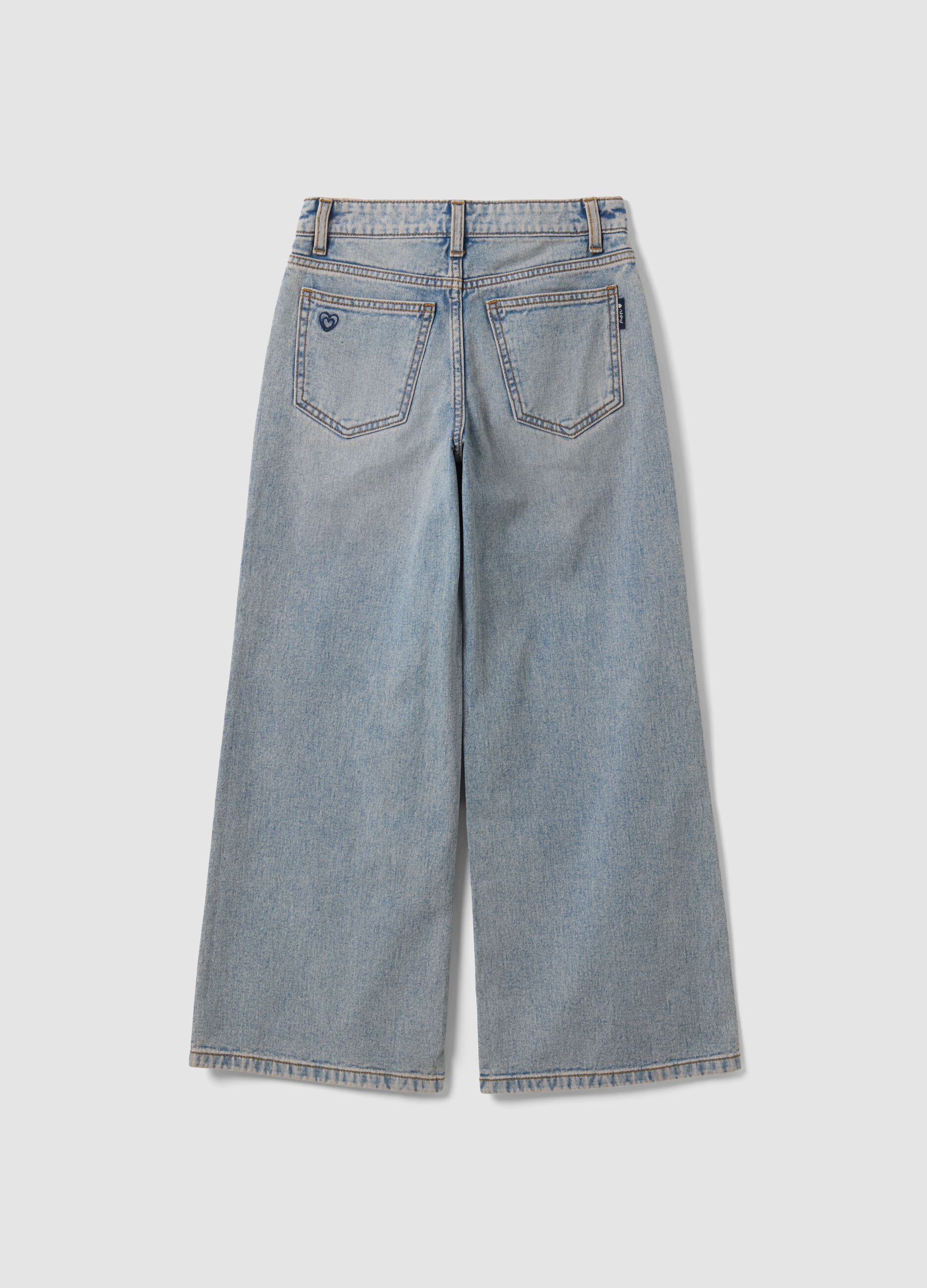Light blue wide-leg denim jeans in pure cotton for girls