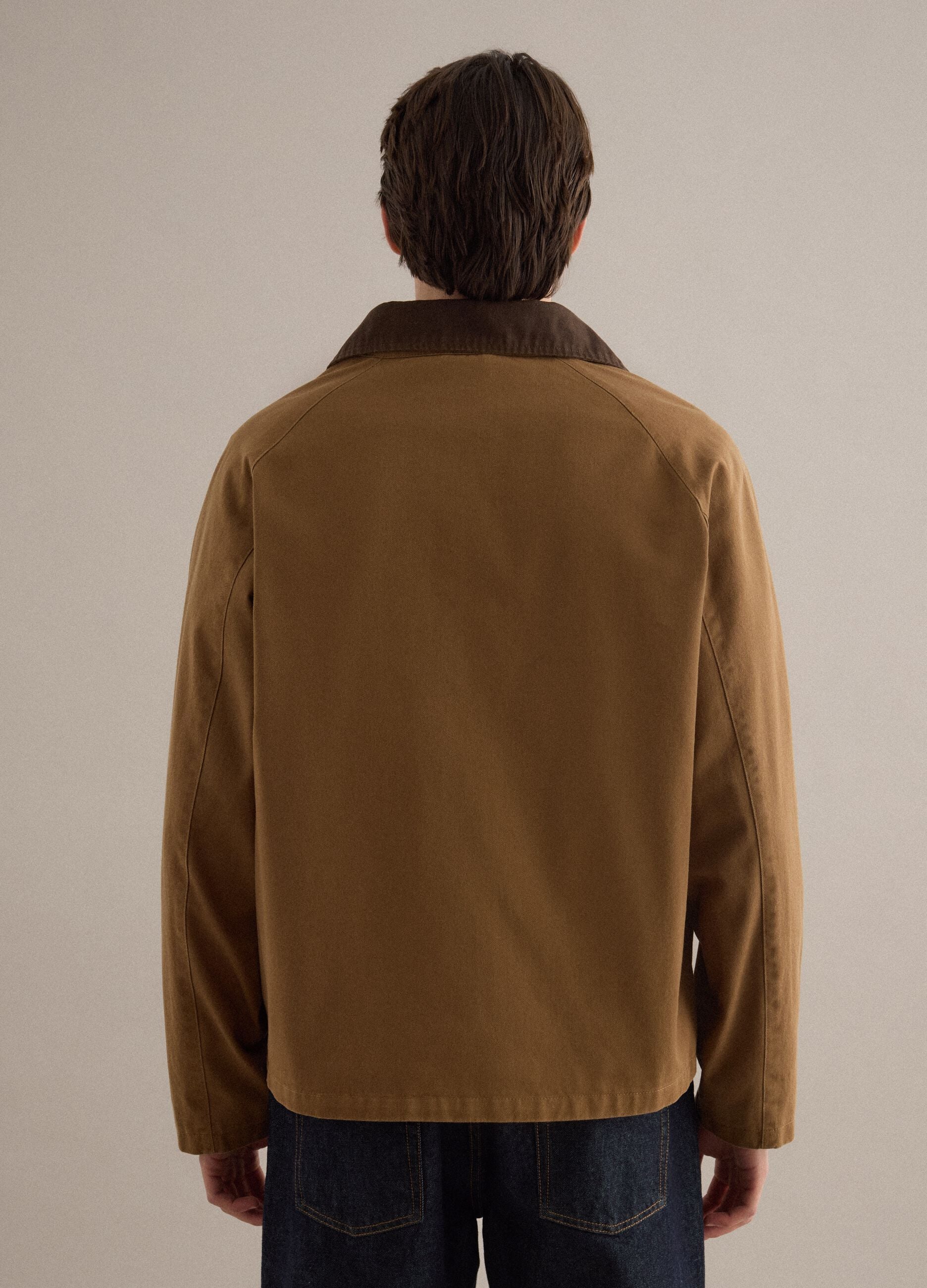 Brown pure cotton regular fit jacket with contrast collar