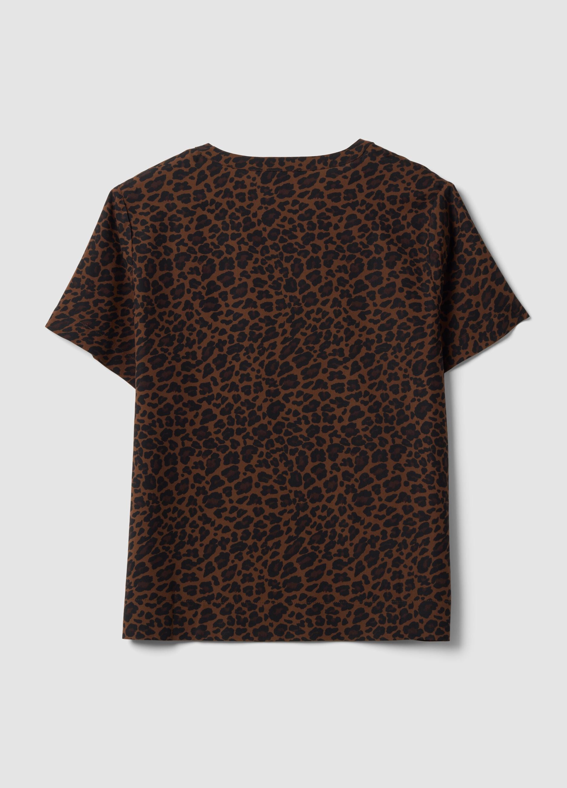 Brown pure viscose blouse with Mandarin collar and animal print, regular fit