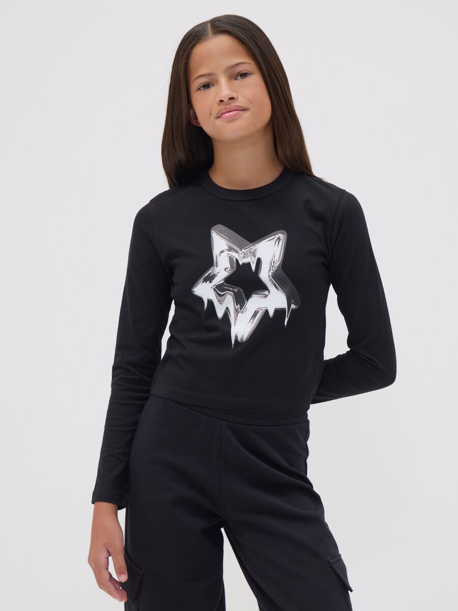 Black organic cotton T-shirt with ribbed neckline for girls_0