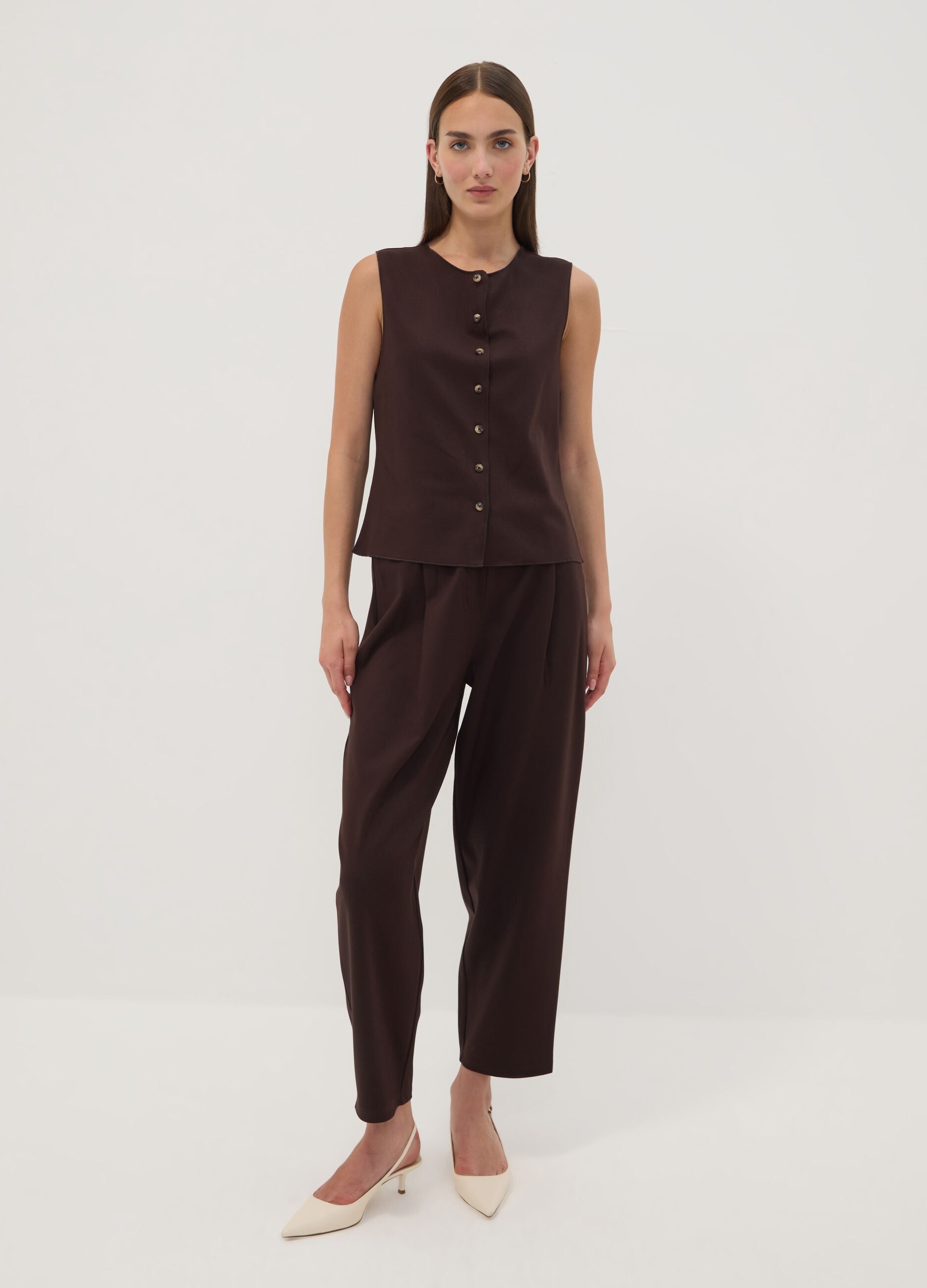 Brown Milano-knit waistcoat in stretch viscose, regular fit
