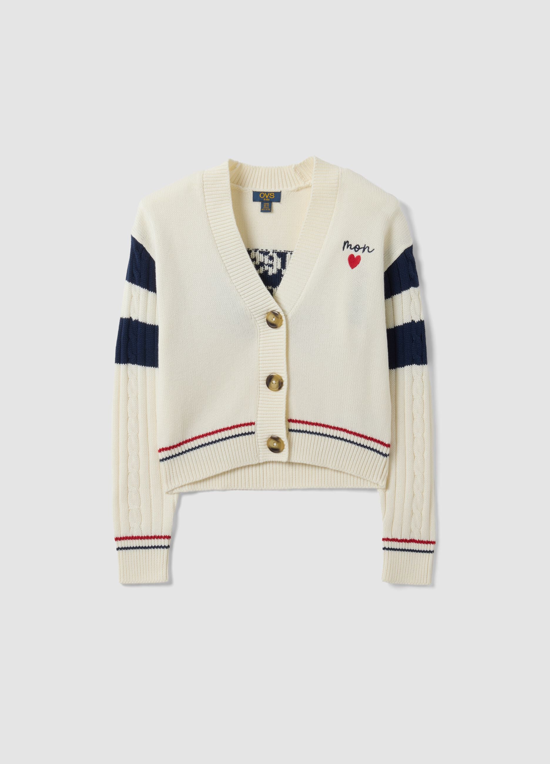 White cotton-blend cardigan with deep V-neck and heart embroidery