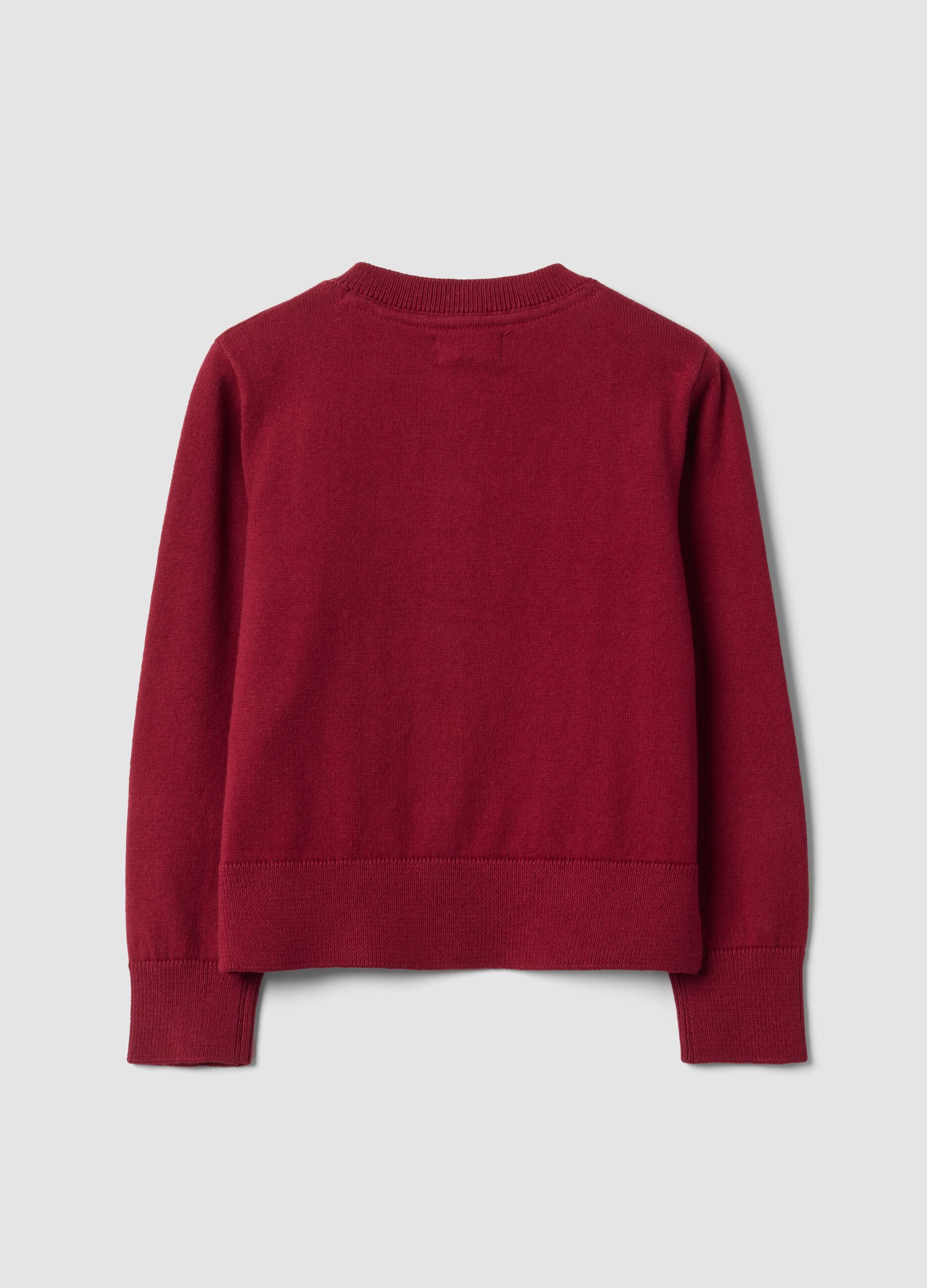 Red cotton-blend crew-neck cardigan, regular fit, for girls