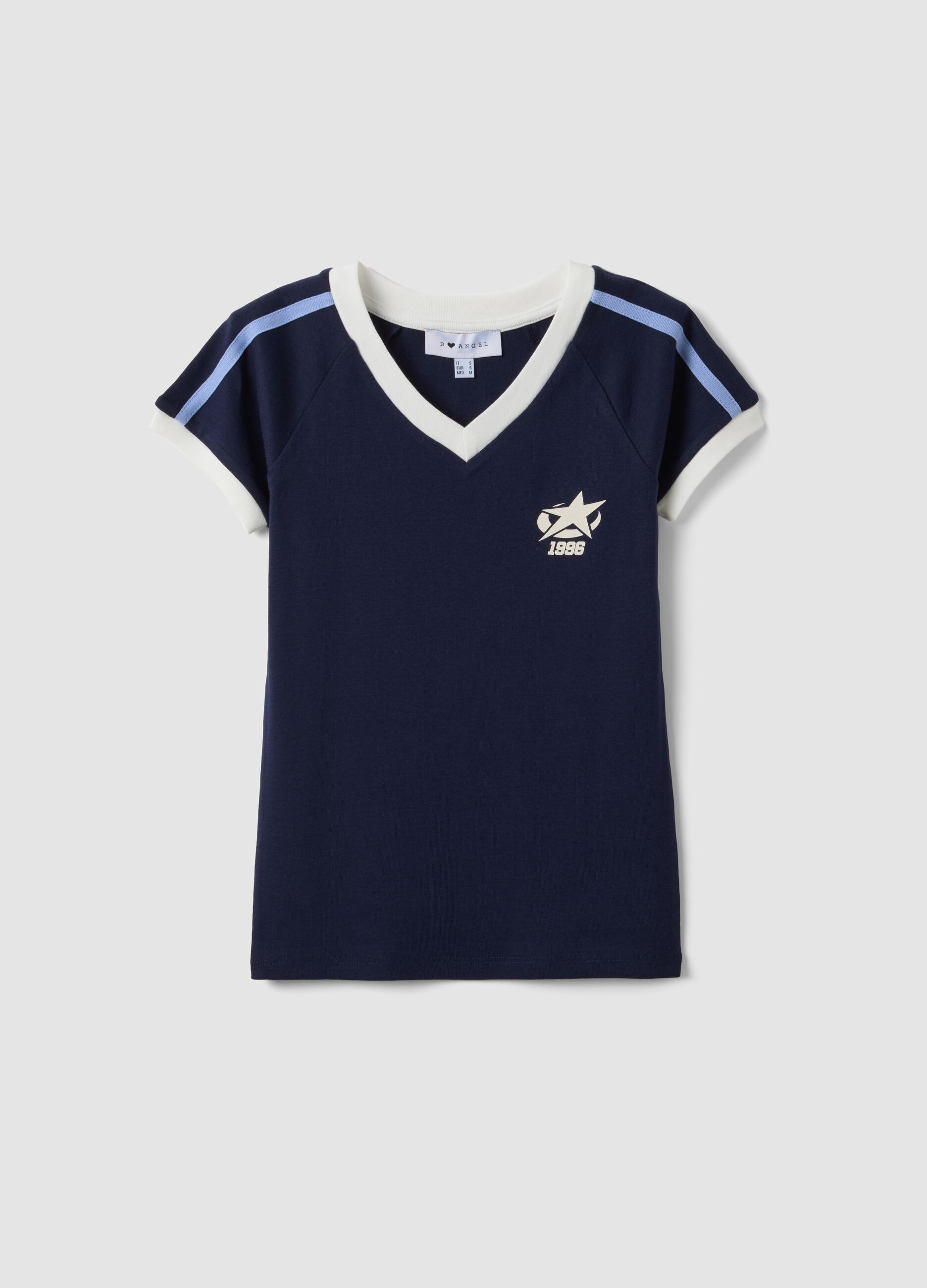 Blue pure cotton V-neck T-shirt with front print