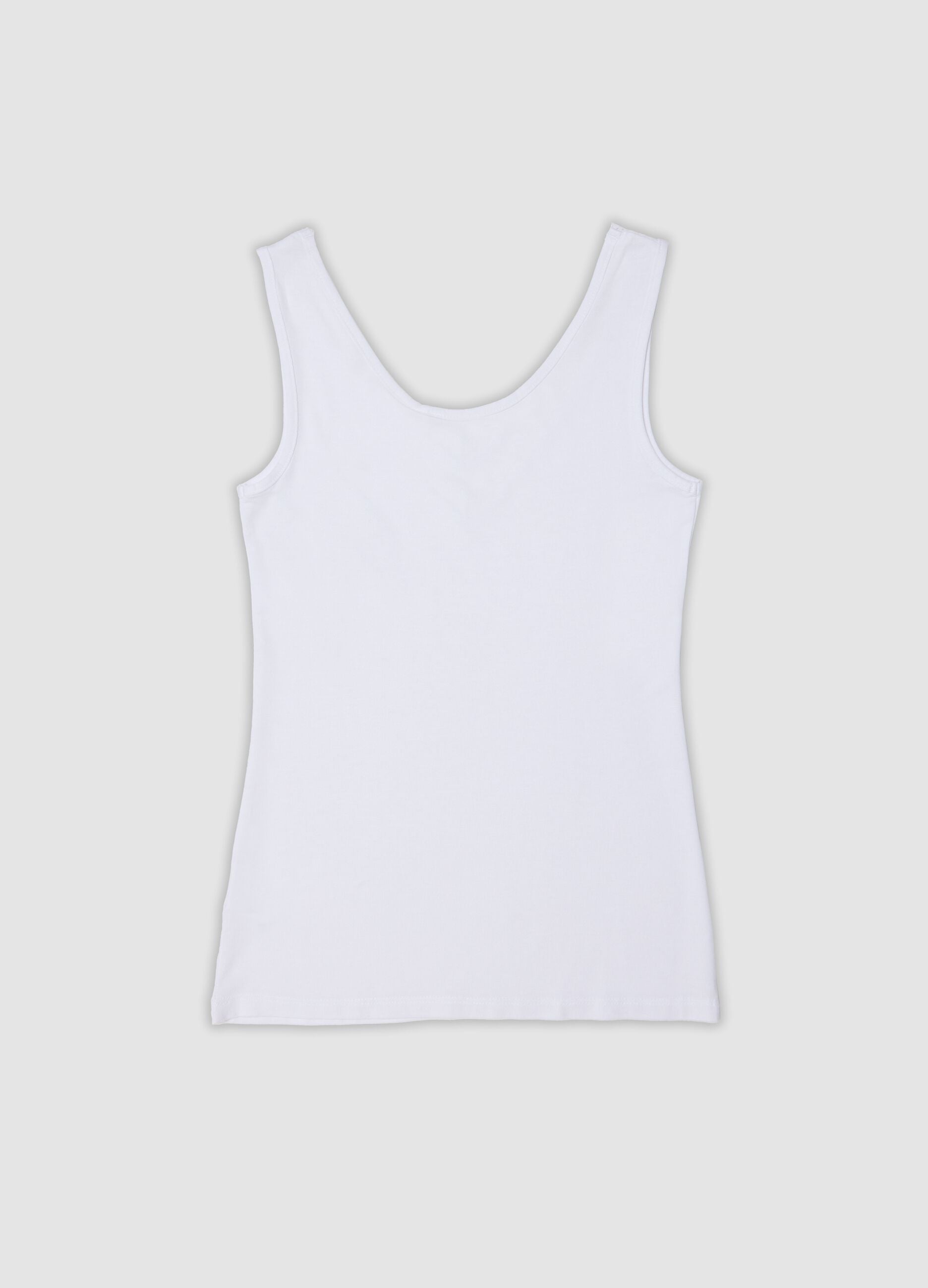 White stretch viscose vest top with deep V-neck and lace trim