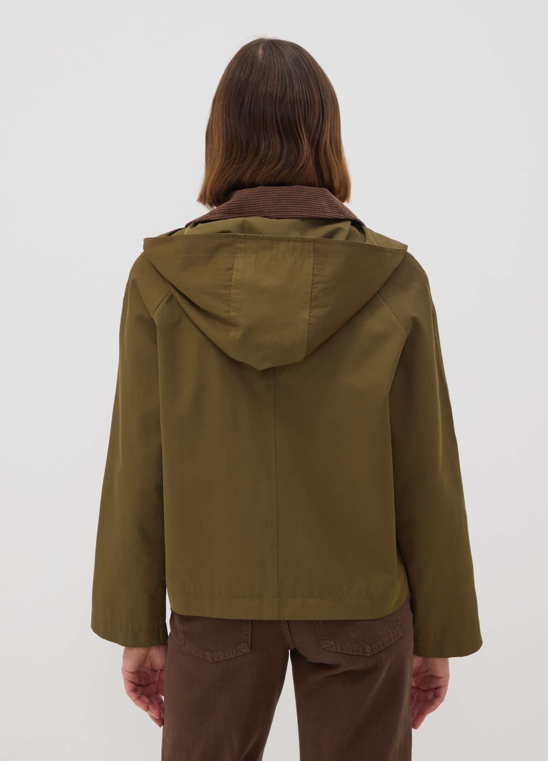 Green cotton-blend parka jacket with hood and ribbed collar